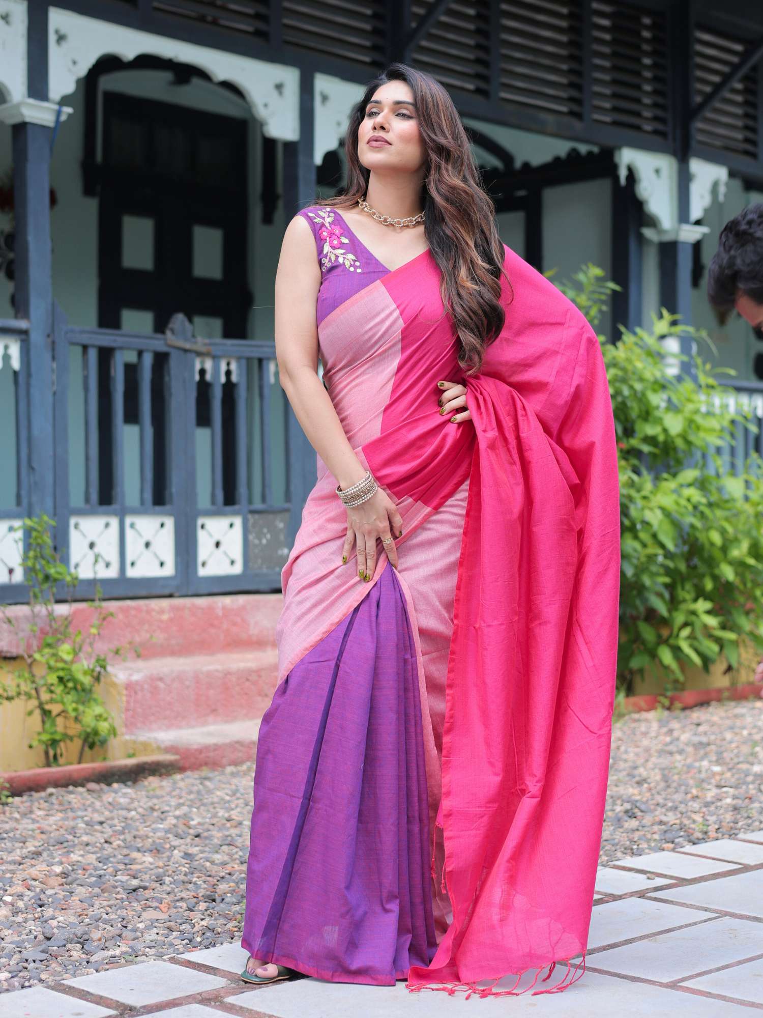 Quirky Multicolor Pink Purple Cotton Saree Hand Embroidered Blouse - Priya