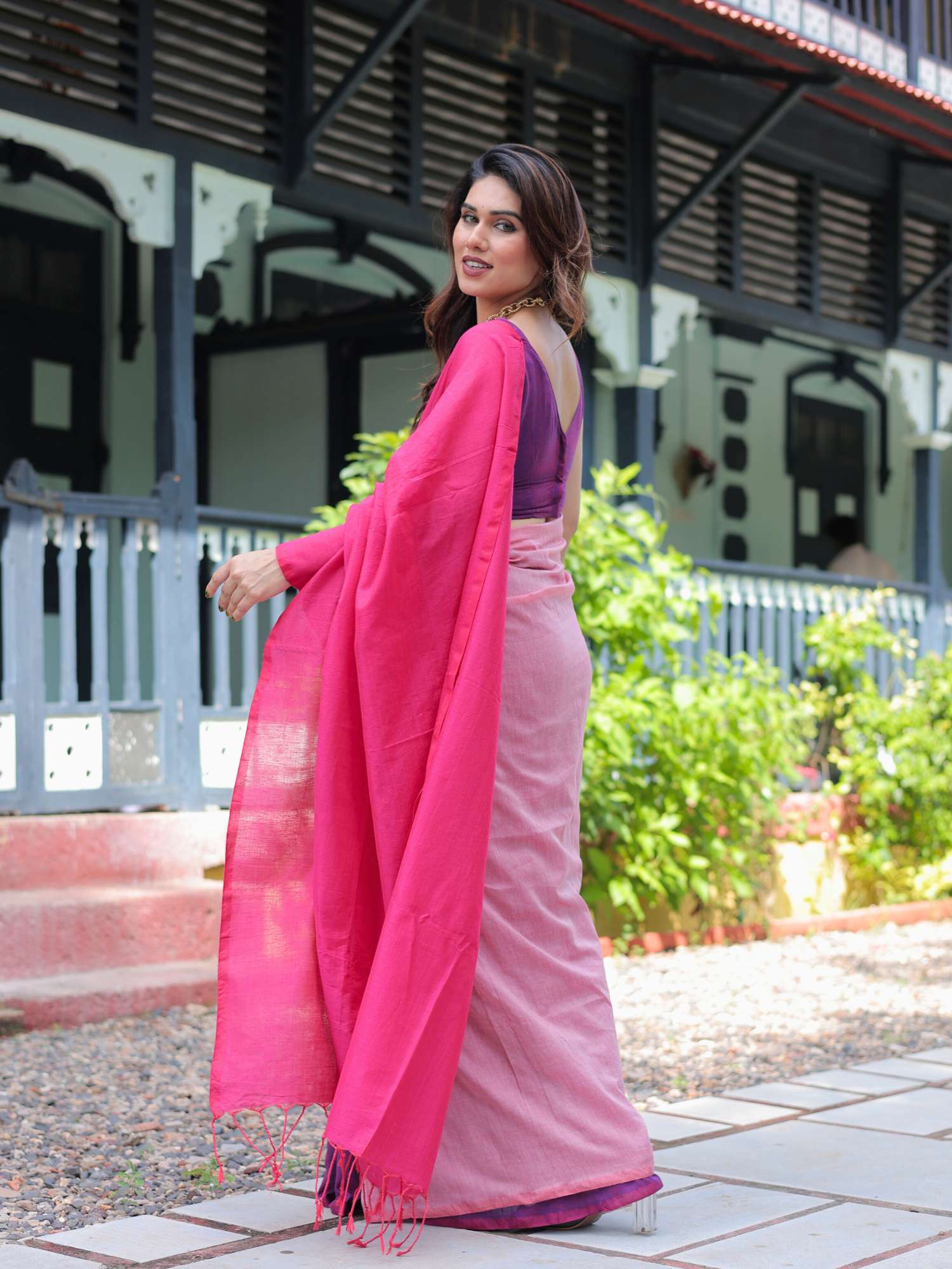 Quirky Multicolor Pink Purple Cotton Saree Hand Embroidered Blouse - Priya