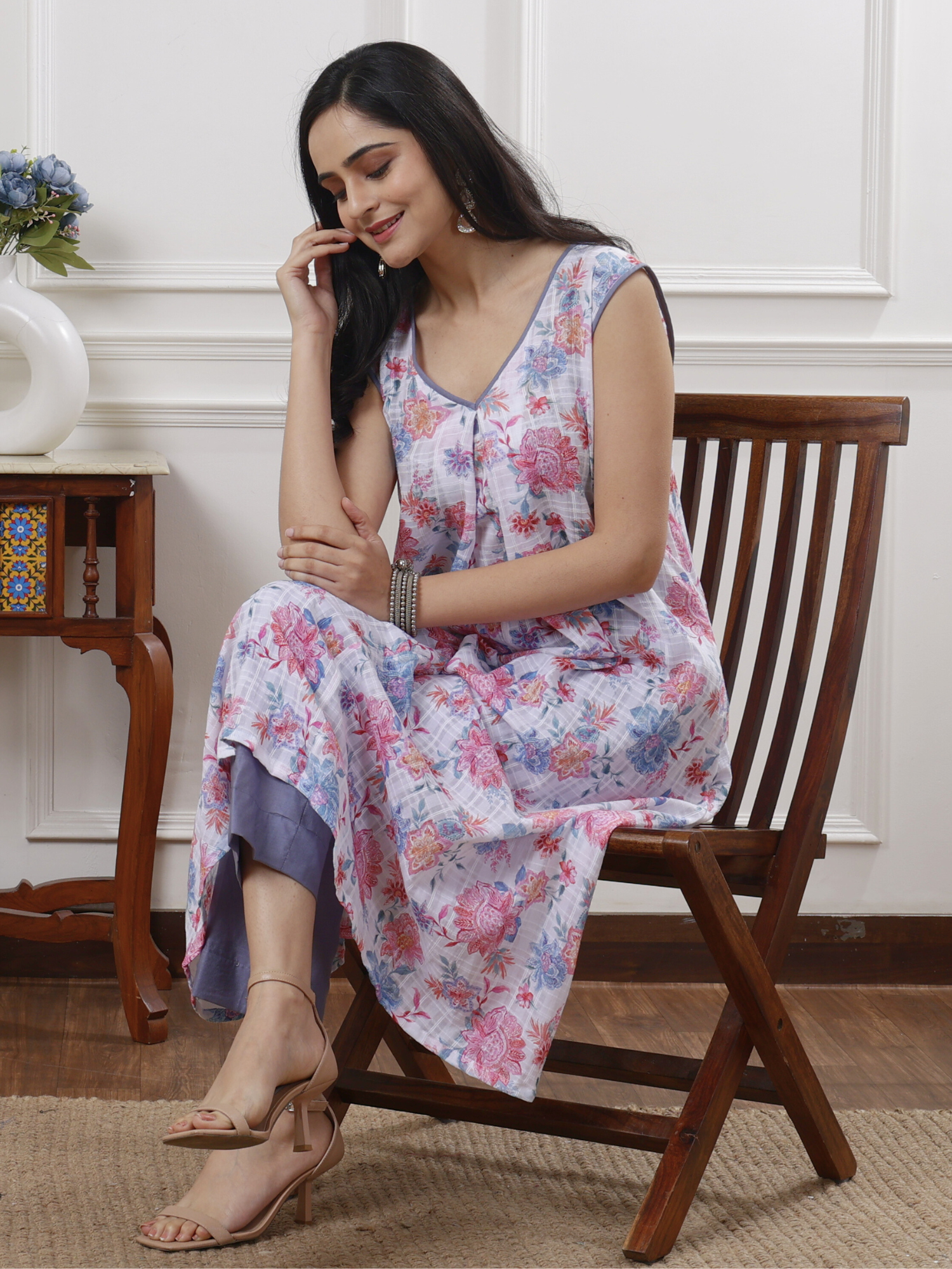 Soft Multicolor Purple Blue Cotton Floral Print A-Line Kurta Pant Set