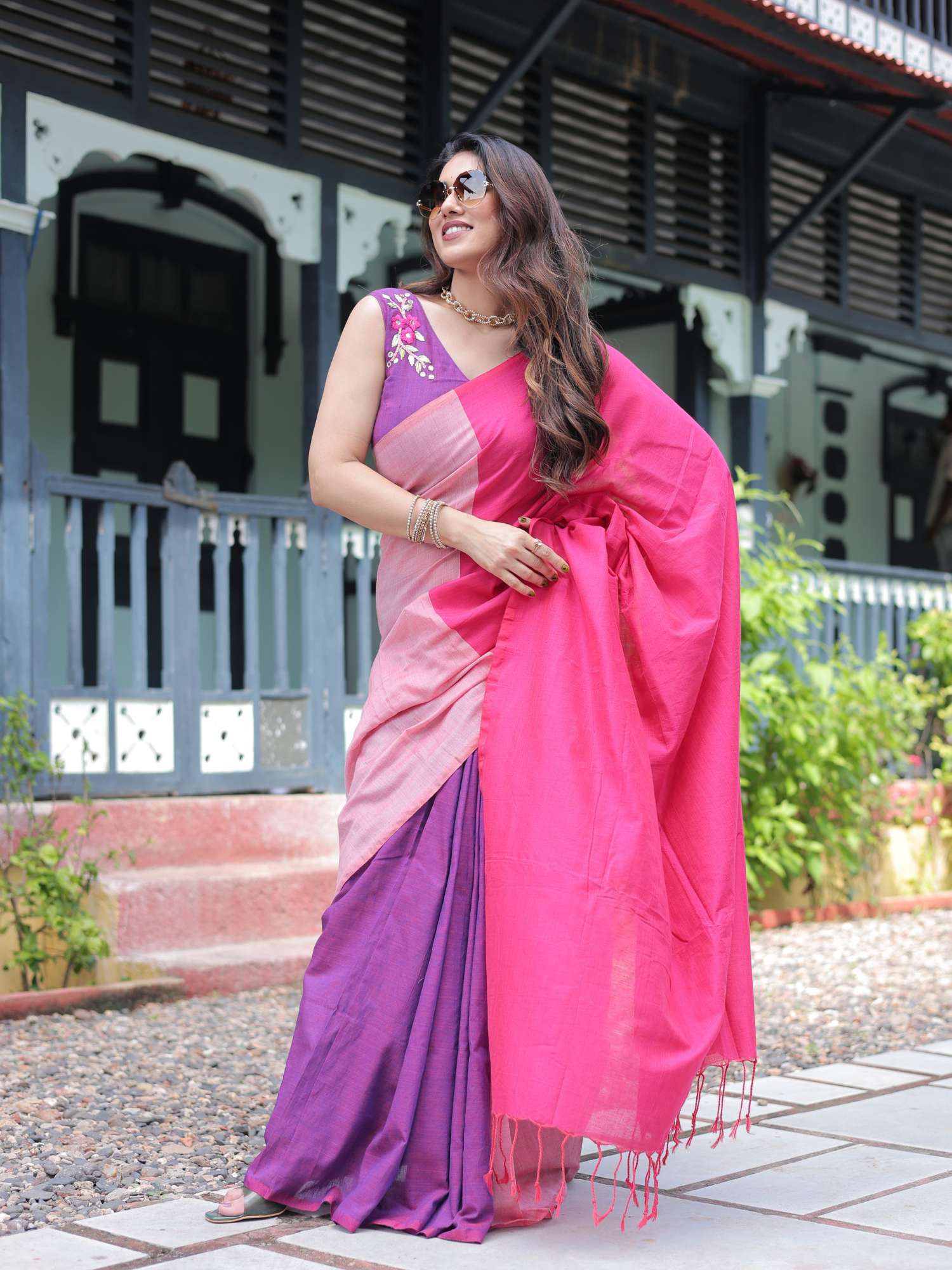 Quirky Multicolor Pink Purple Cotton Saree Hand Embroidered Blouse - Priya