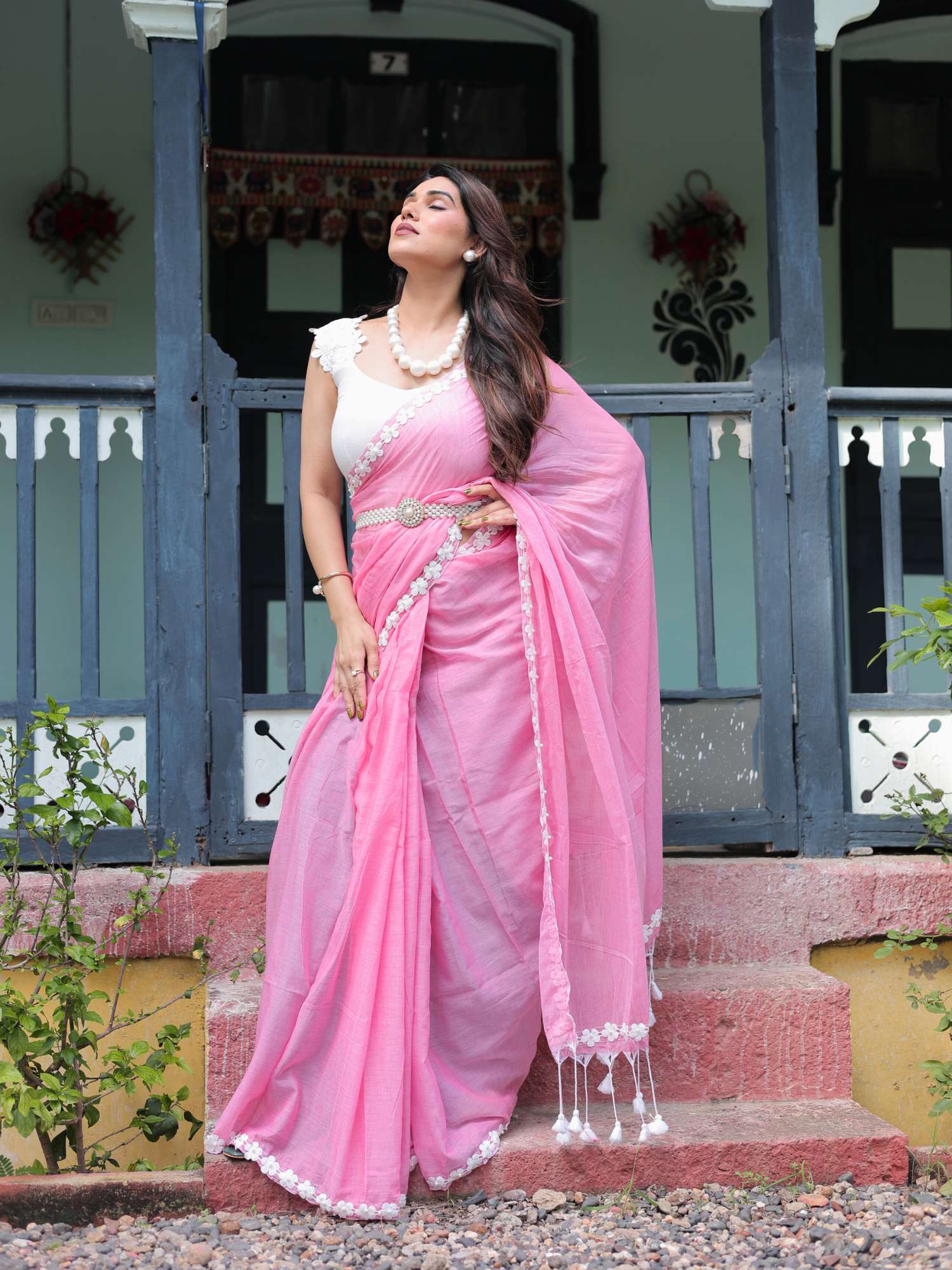 Pretty Pink White Cotton Floral Lace Saree - Ruhi