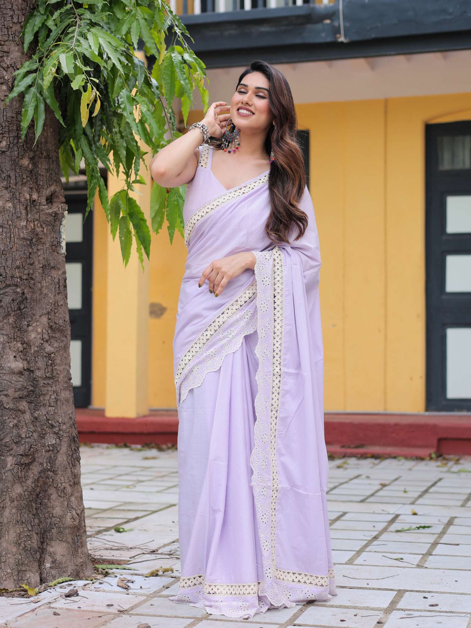 Refined Lilac Purple Cotton Lace Border Saree Schiffli Blouse - Lakshmi