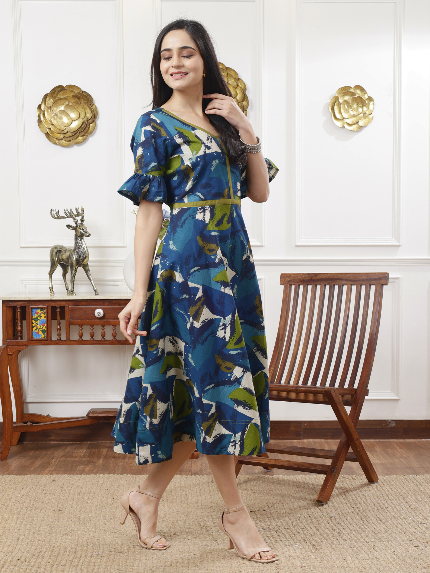 Serene Teal Blue Green Multicolor Slub Cotton Umbrella Dress Ruffle Sleeves