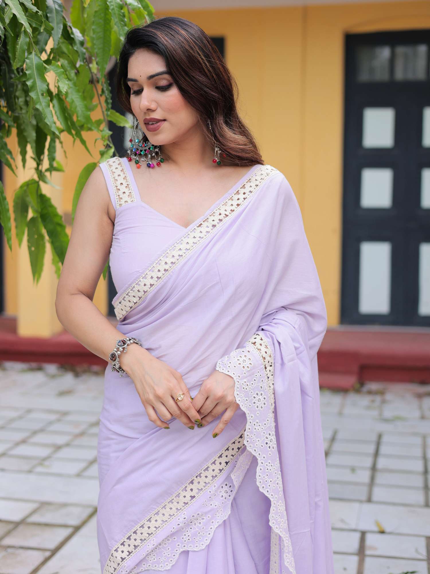 Refined Lilac Purple Cotton Lace Border Saree Schiffli Blouse - Lakshmi