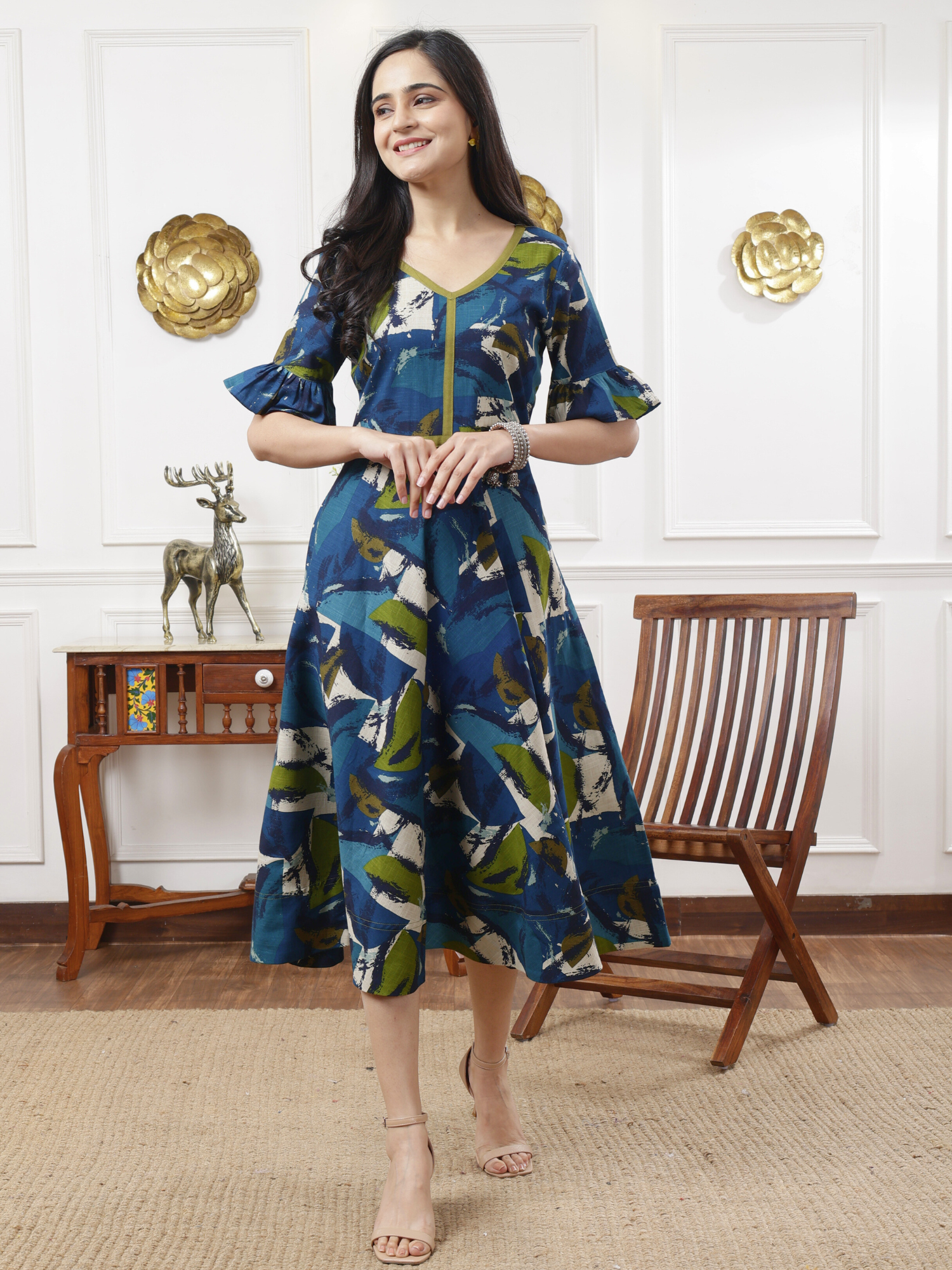 Serene Teal Blue Green Multicolor Slub Cotton Umbrella Dress Ruffle Sleeves