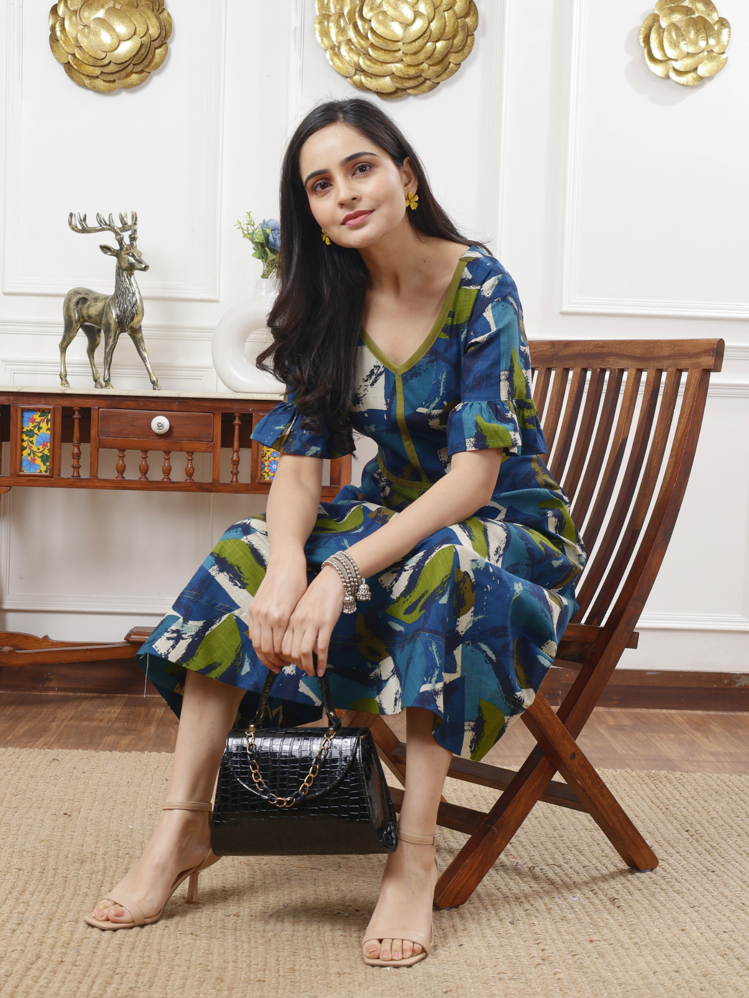 Serene Teal Blue Green Multicolor Slub Cotton Umbrella Dress Ruffle Sleeves