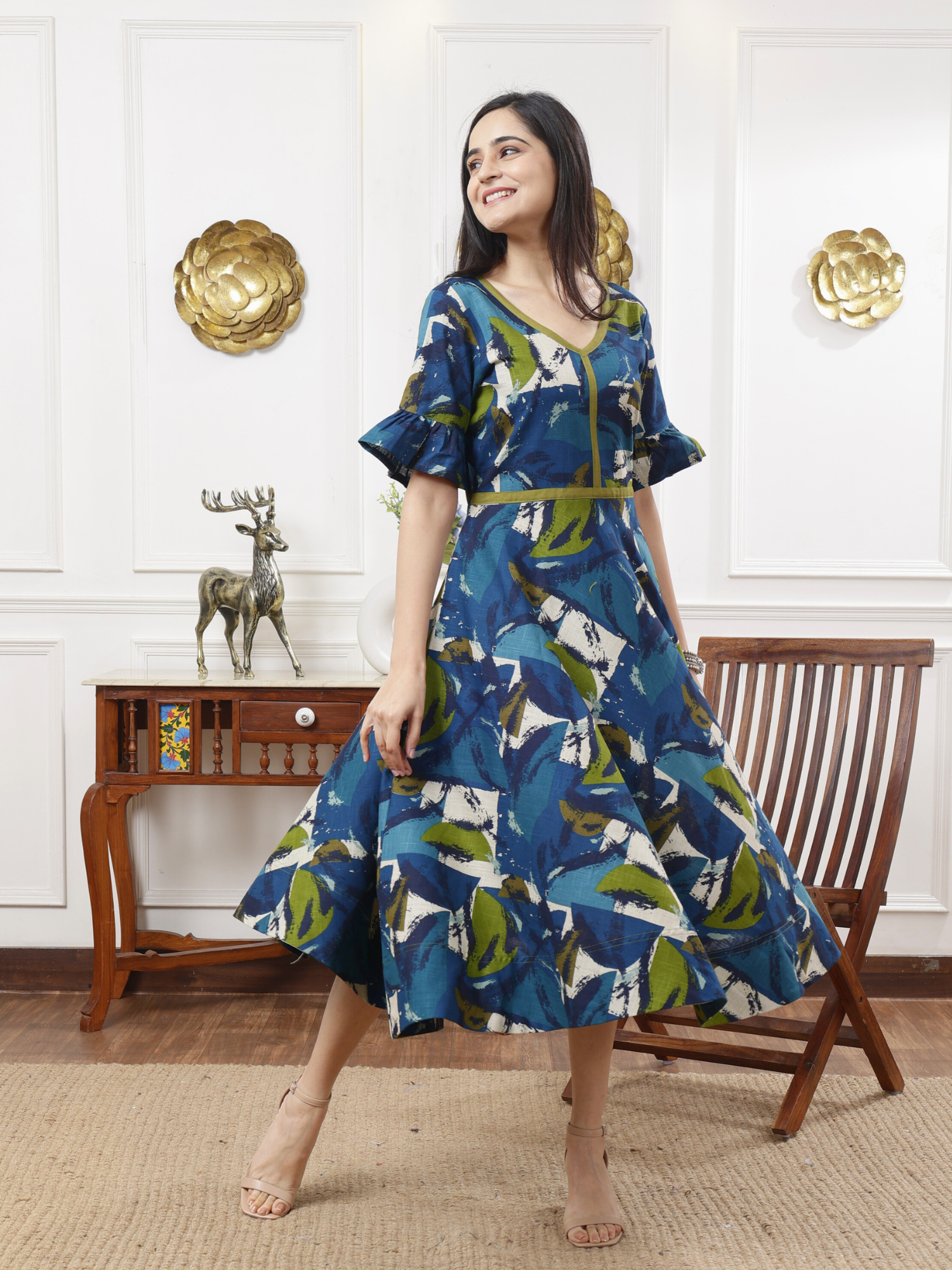 Serene Teal Blue Green Multicolor Slub Cotton Umbrella Dress Ruffle Sleeves
