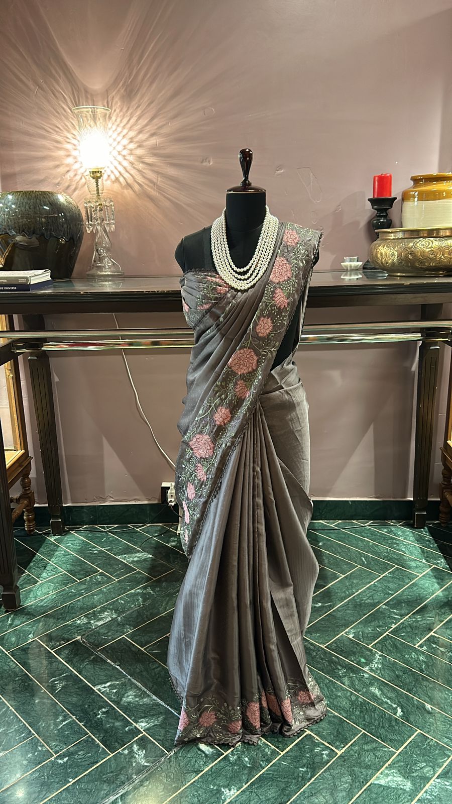 Grey Uppada Silk Saree Pink Green Rose Embroidered Borders