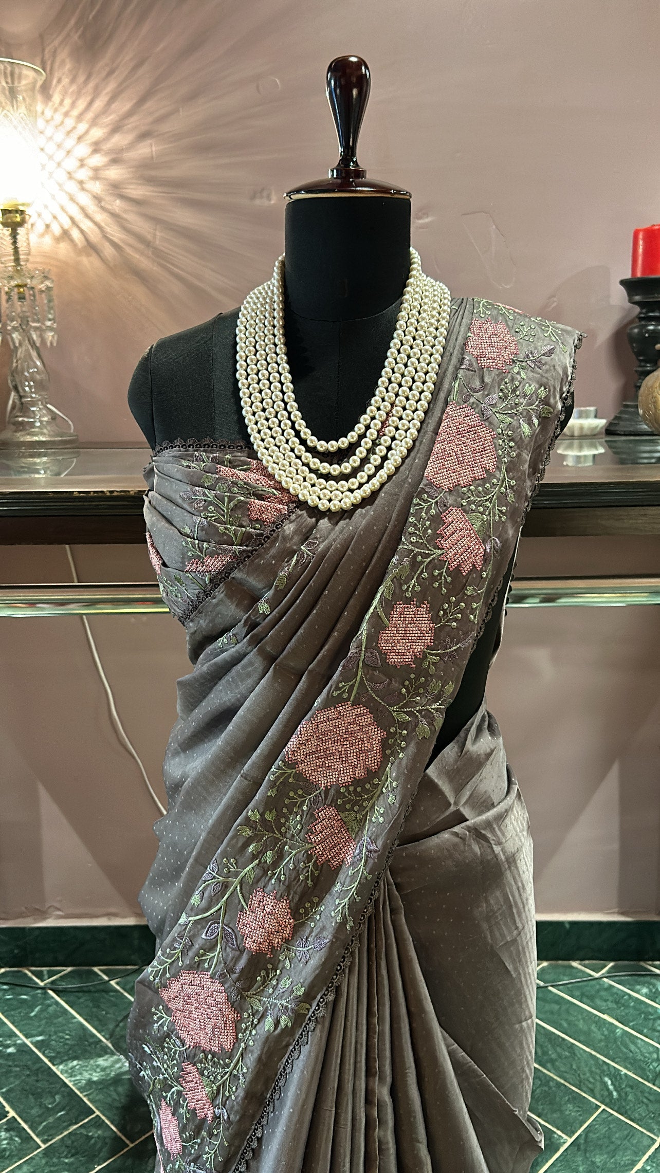 Grey Uppada Silk Saree Pink Green Rose Embroidered Borders