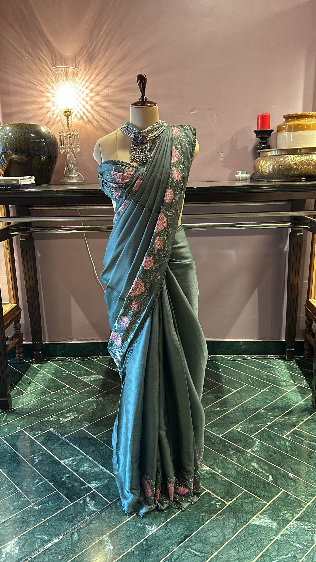 Sage Green Uppada Silk Saree Pink Rose Embroidered Borders