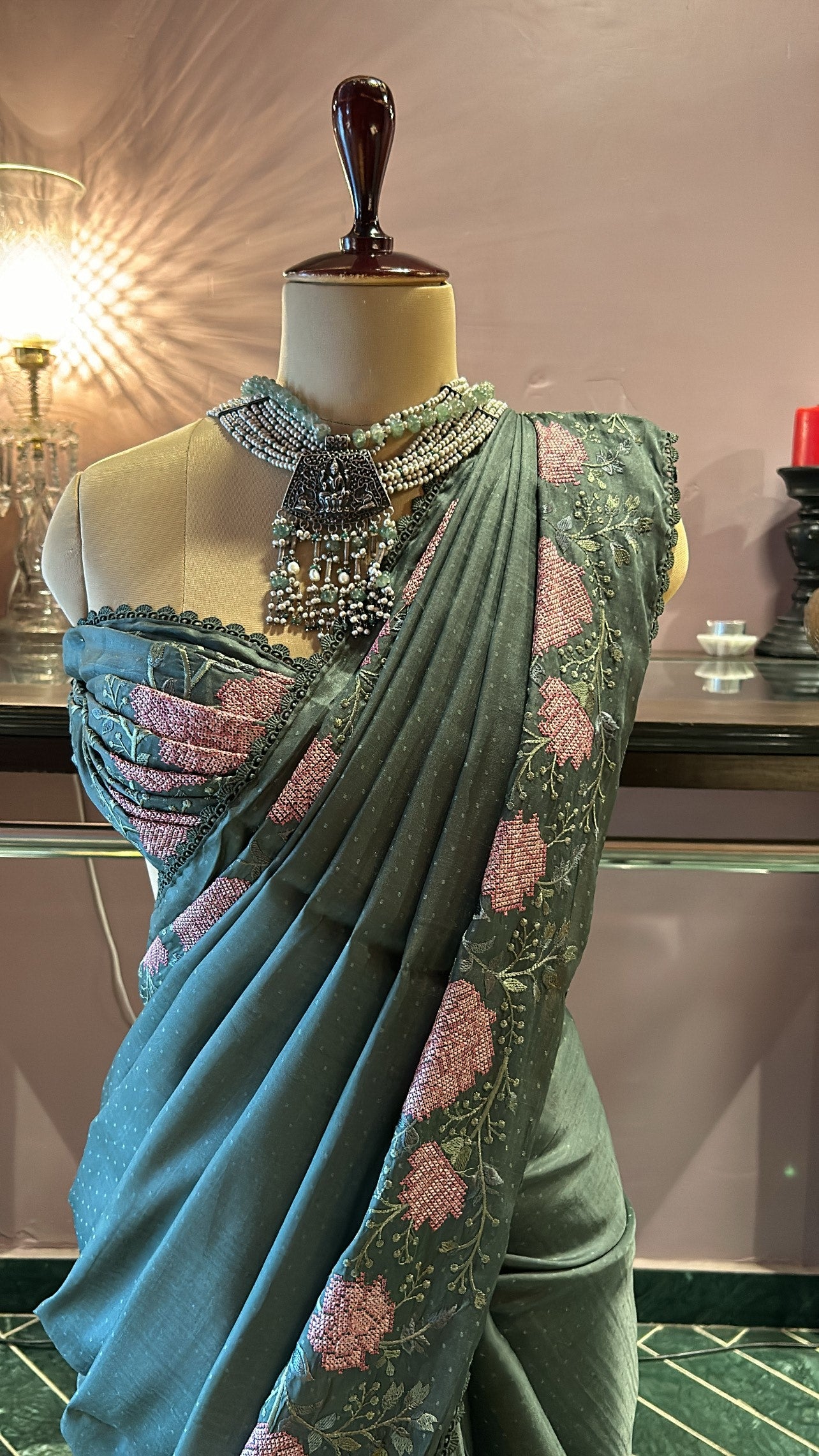 Sage Green Uppada Silk Saree Pink Rose Embroidered Borders