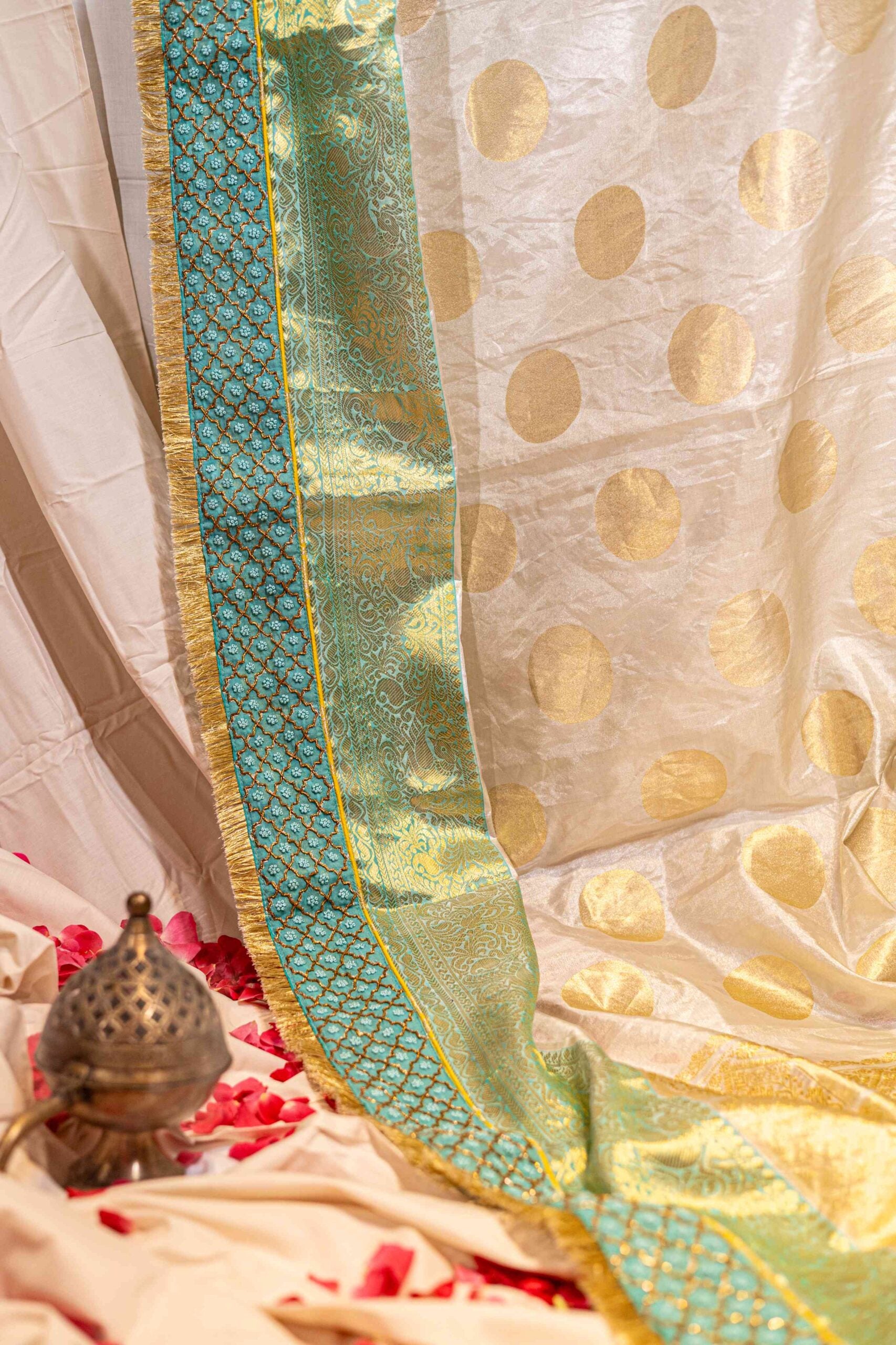 Blue Ivory Yellow Venkatgiri Tissue Polka Dot Saree Zardosi Chikankari