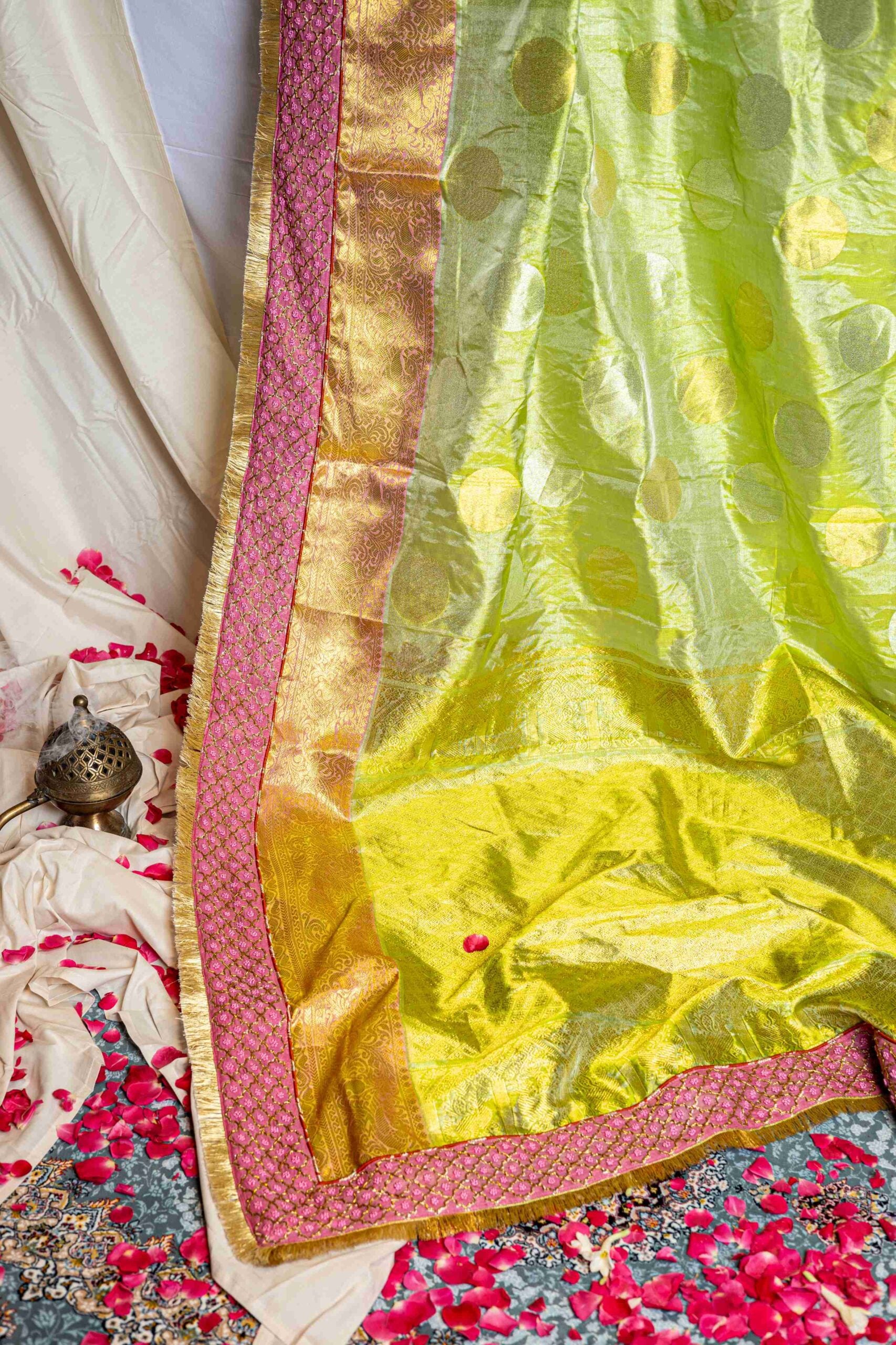 Pink Green Terracotta Venkatgiri Tissue Polka Dot Saree Zardosi Border
