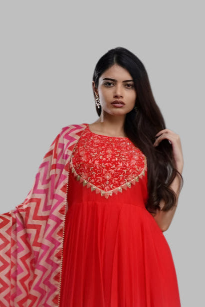 Coral Ombre Georgette Anarkali with Chevron Dupatta - Bridal Anarkali
