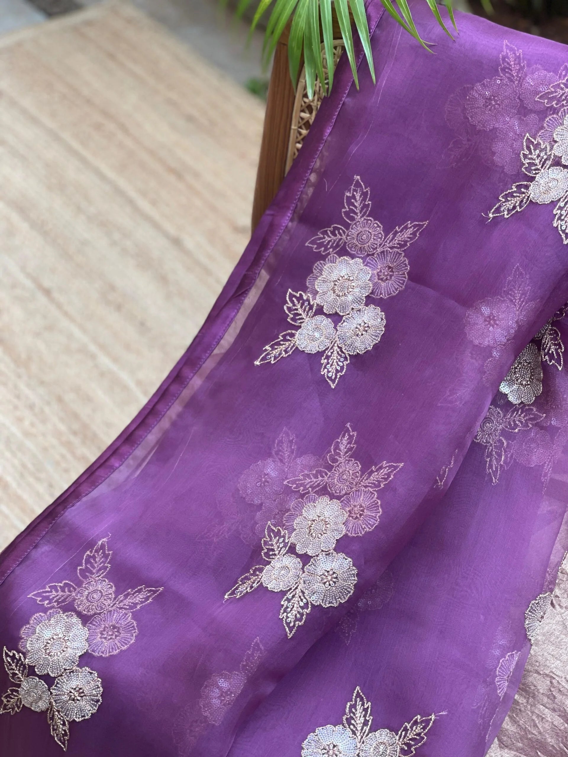 Purple Mystique Floral Organza Saree with Gold Flowers - Trendy Saree