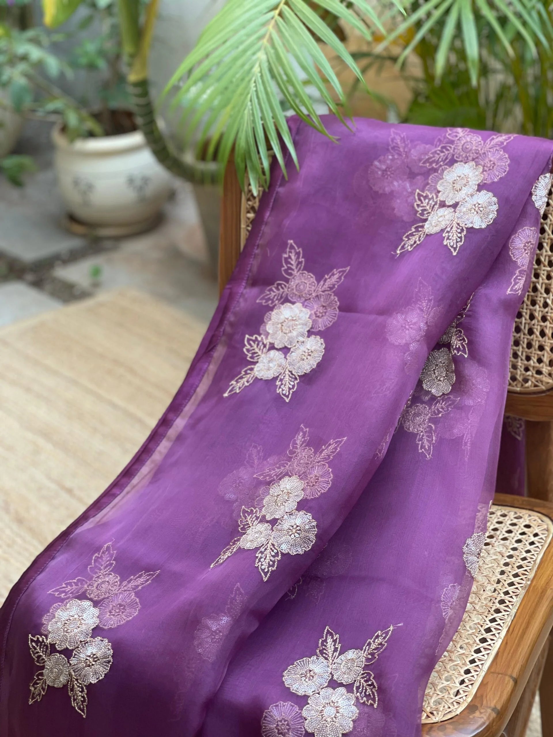 Purple Mystique Floral Organza Saree with Gold Flowers - Trendy Saree