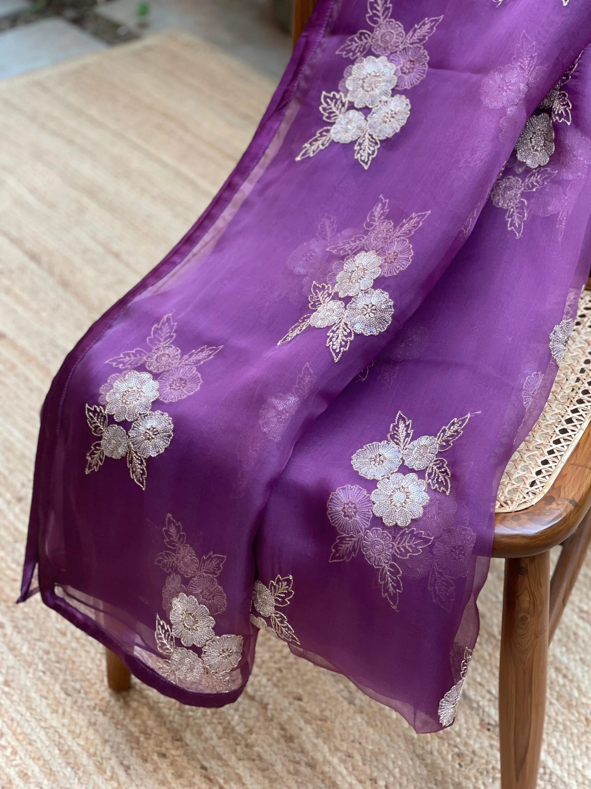 Purple Mystique Floral Organza Saree with Gold Flowers - Trendy Saree