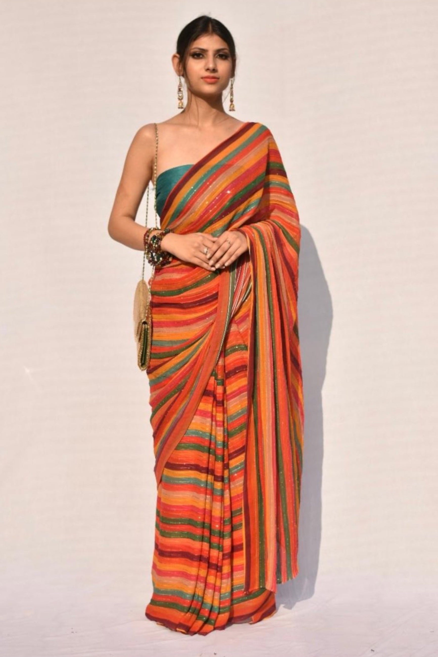 Ravishing Orange Multicolor Georgette Printed Sequin Saree