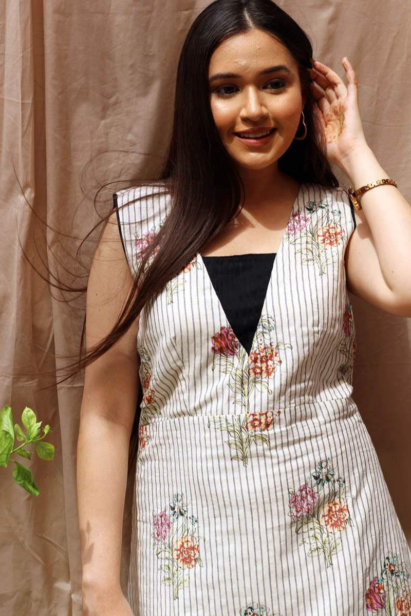 Classic Black White Cotton Striped Floral Print Dress - Eclipse
