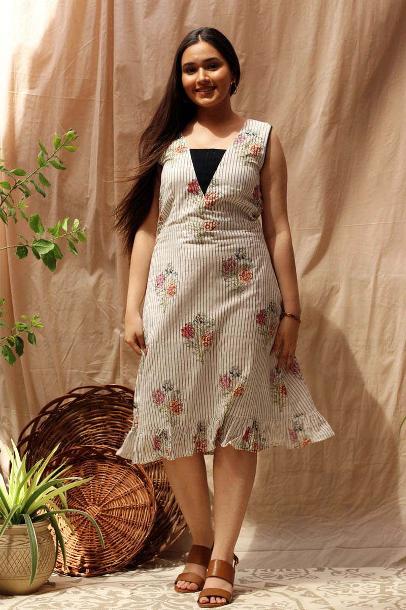 Classic Black White Cotton Striped Floral Print Dress - Eclipse