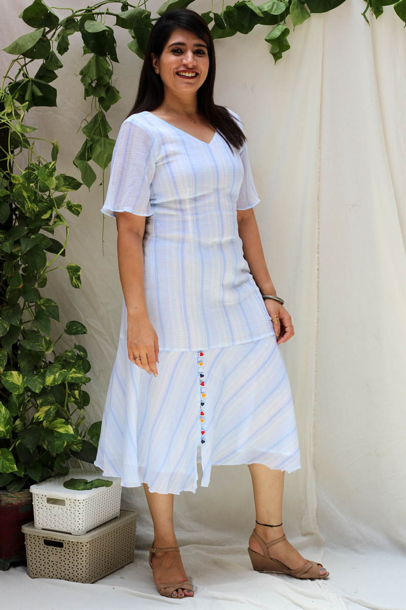 Dreamy White Blue Cotton Heart Button Mid-Calf Dress - Dainty Dandellion