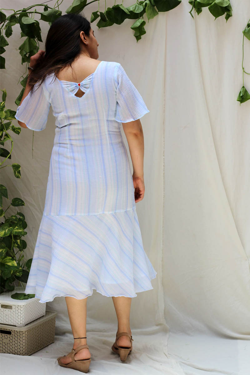 Dreamy White Blue Cotton Heart Button Mid-Calf Dress - Dainty Dandellion