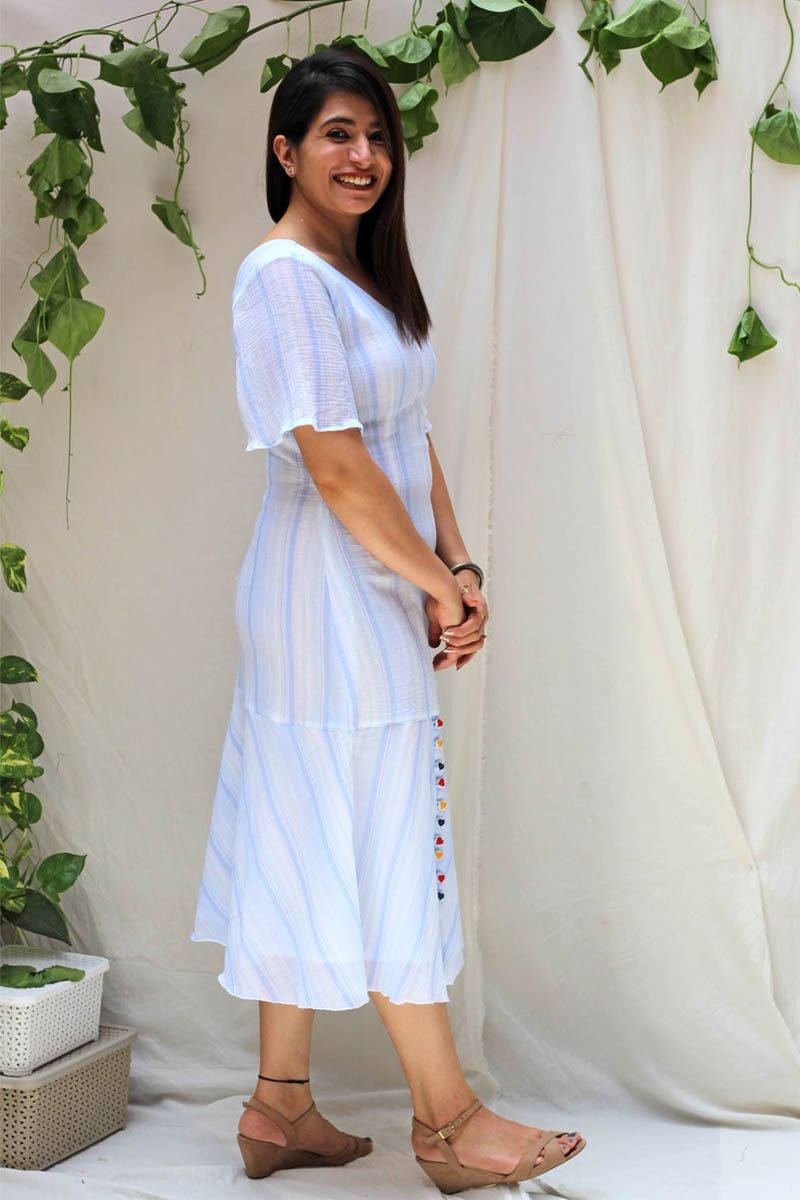 Dreamy White Blue Cotton Heart Button Mid-Calf Dress - Dainty Dandellion