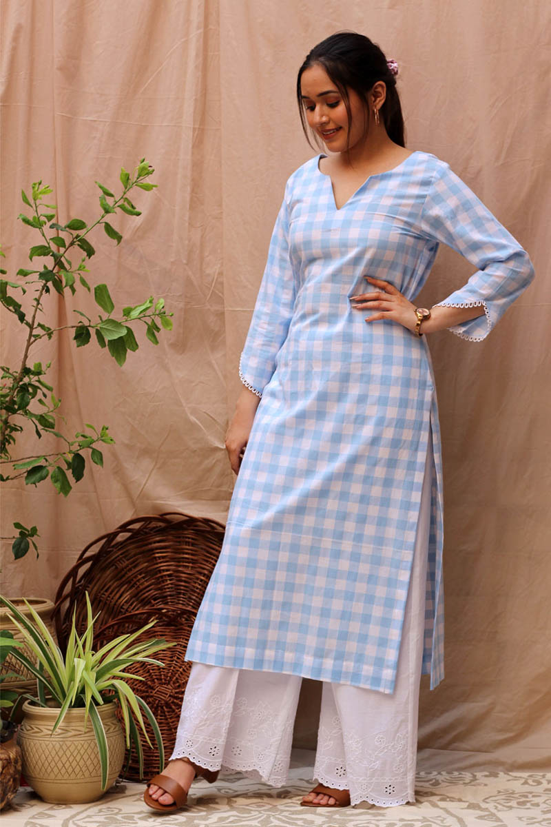Serene Blue White Cotton Checked Kurta Scalloped Flared Pant Set