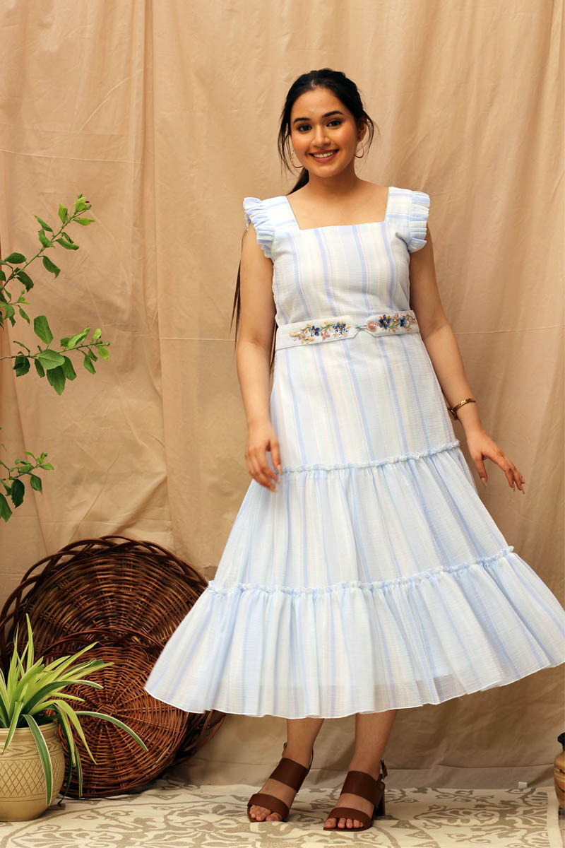 Fun White Blue Aqua Cotton Striped 3-Tier Ruffle Dress - Periwinkle