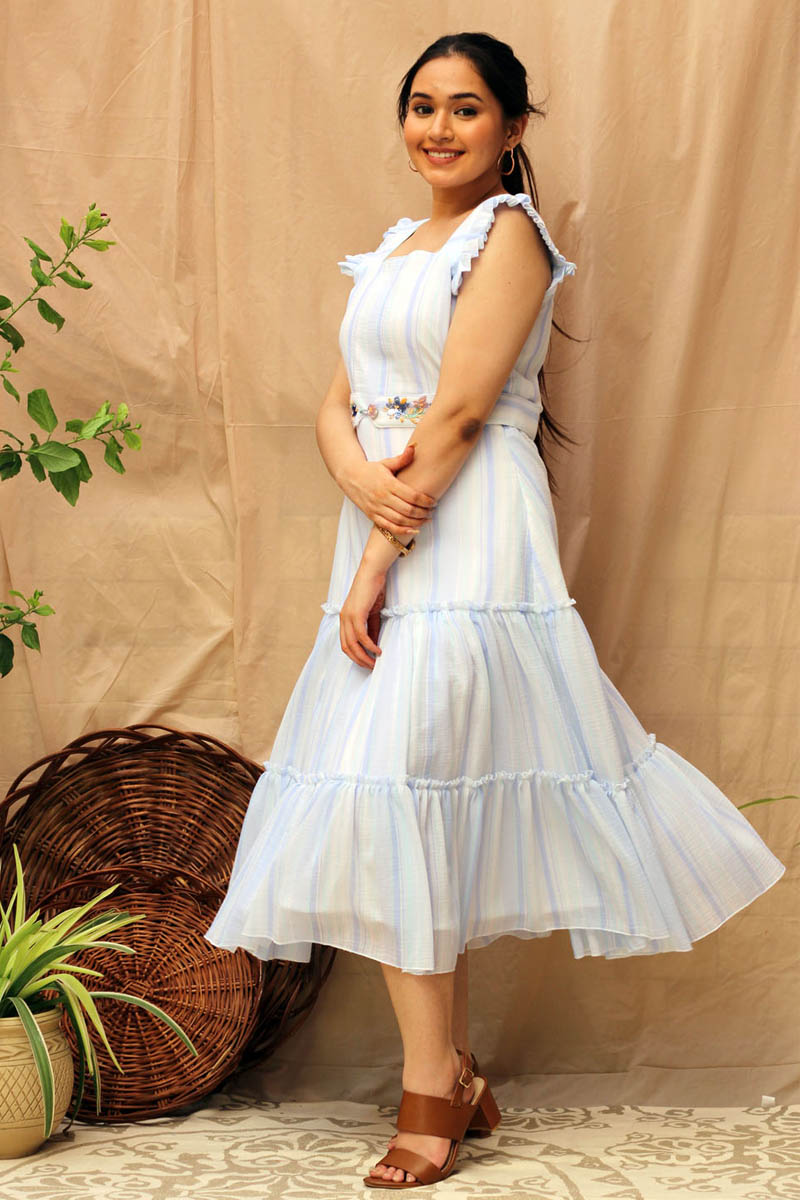 Fun White Blue Aqua Cotton Striped 3-Tier Ruffle Dress - Periwinkle
