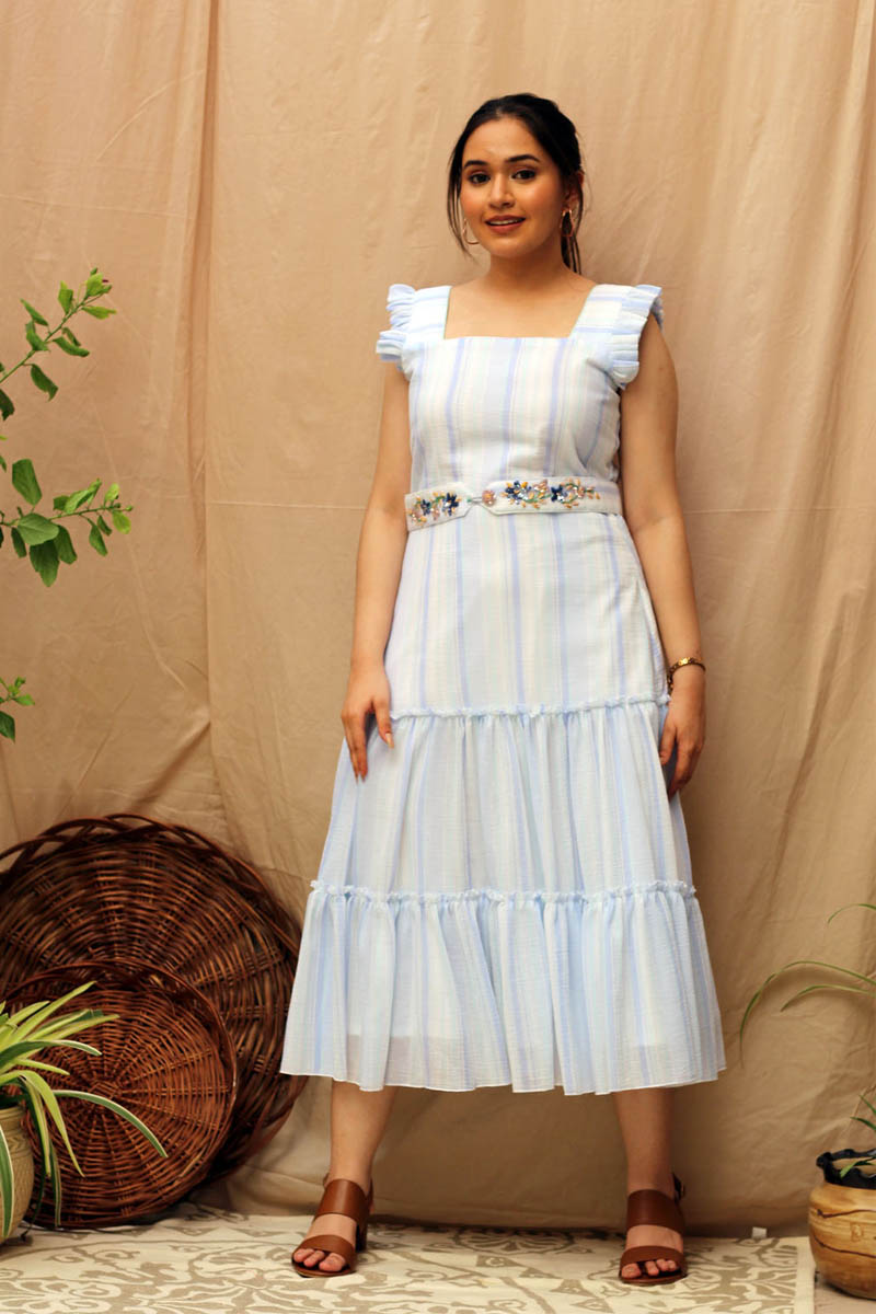 Fun White Blue Aqua Cotton Striped 3-Tier Ruffle Dress - Periwinkle