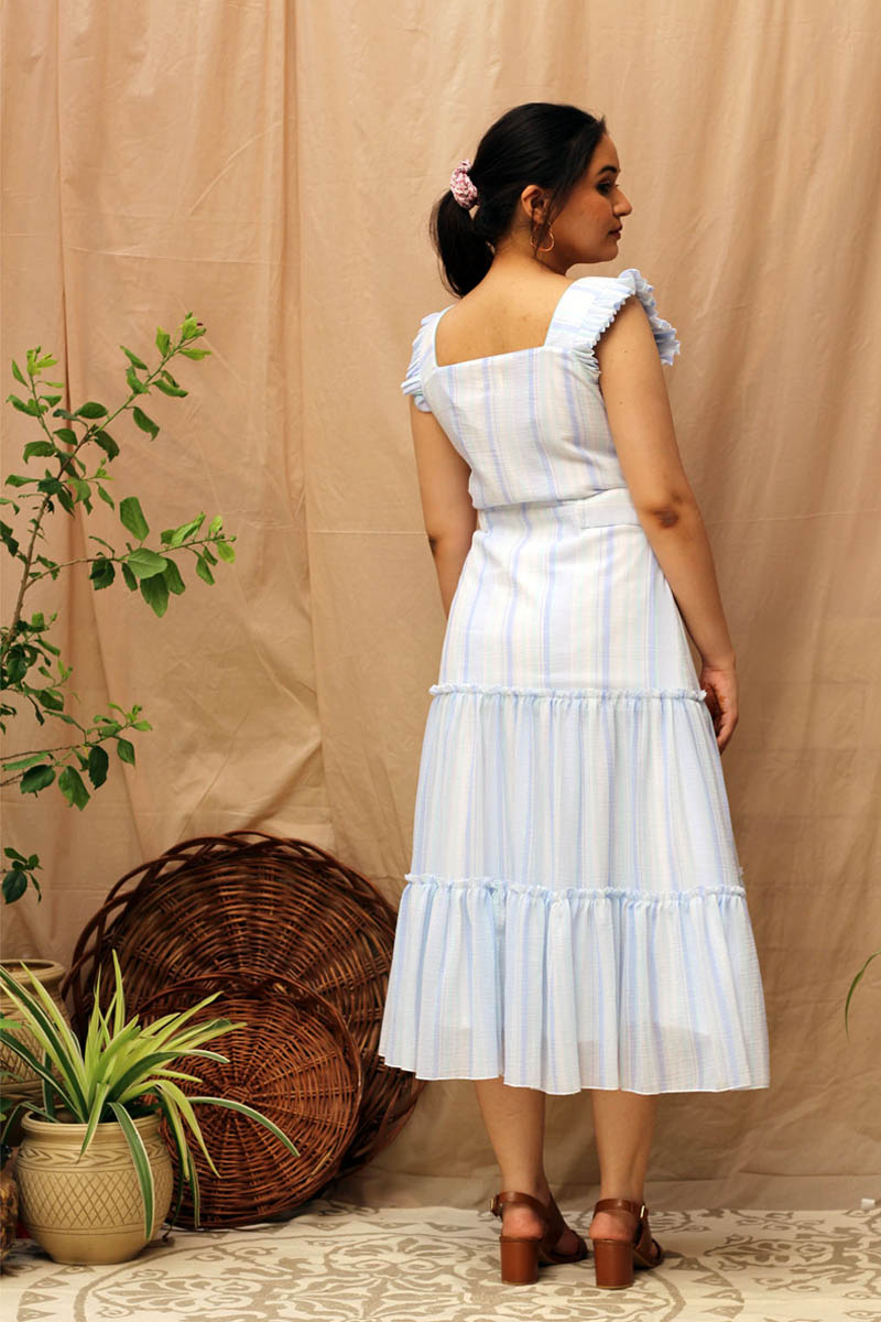 Fun White Blue Aqua Cotton Striped 3-Tier Ruffle Dress - Periwinkle