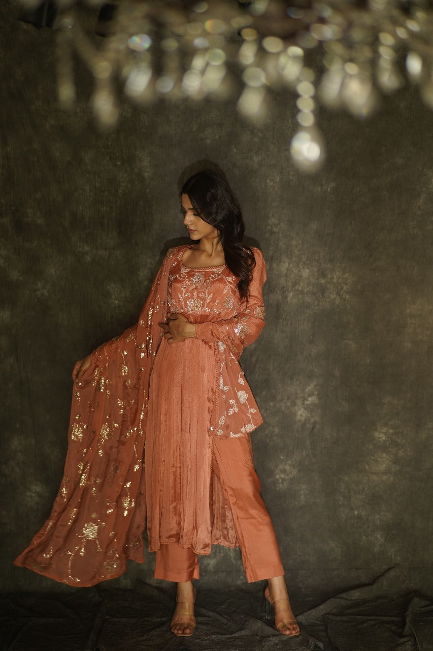 Manorama Rust Orange Chiffon Anarkali with Crocia Borders - Wedding Wear