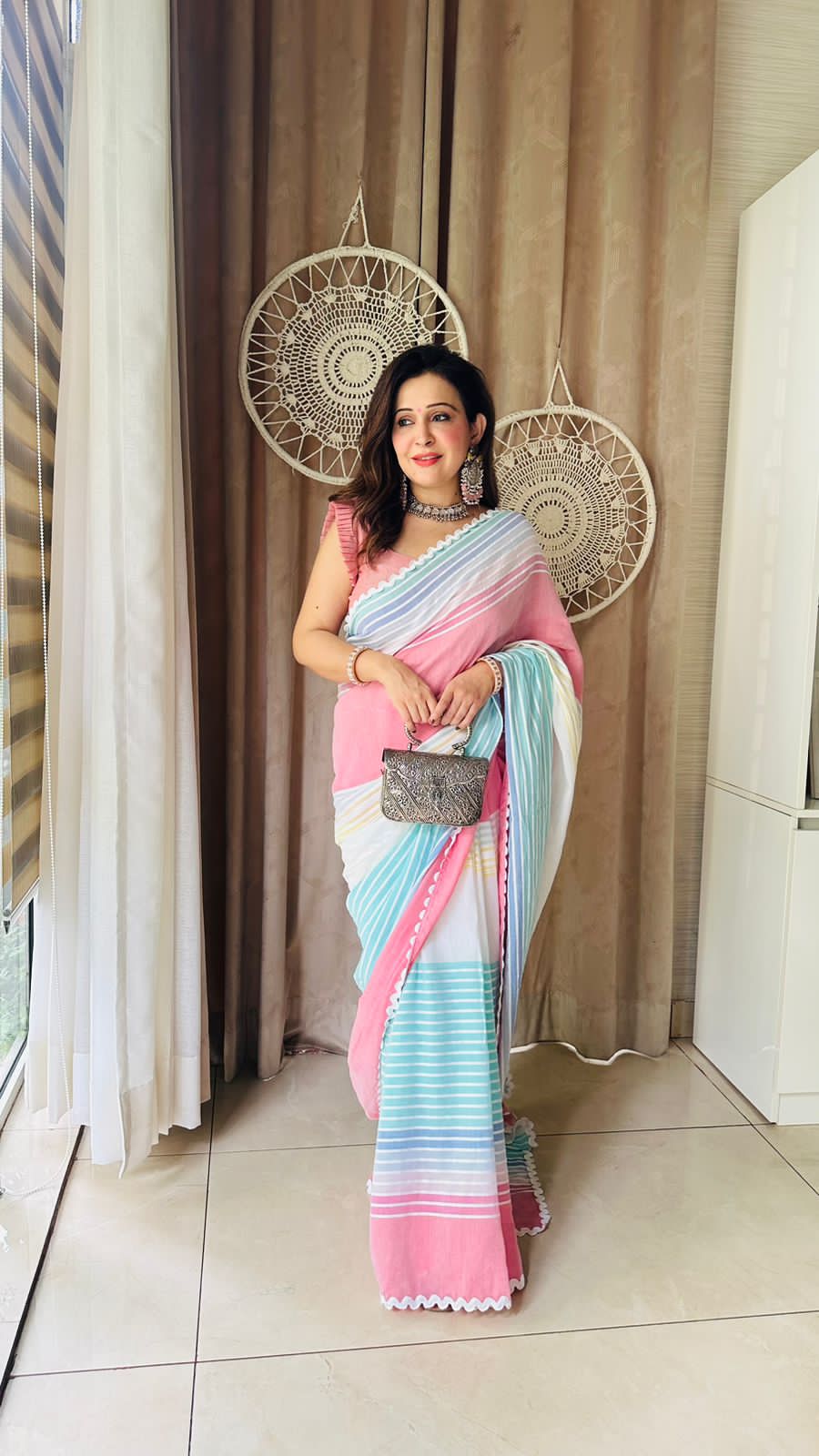 Soothing Blue Pink White Multicolor Cotton Striped Saree Chambray Blouse