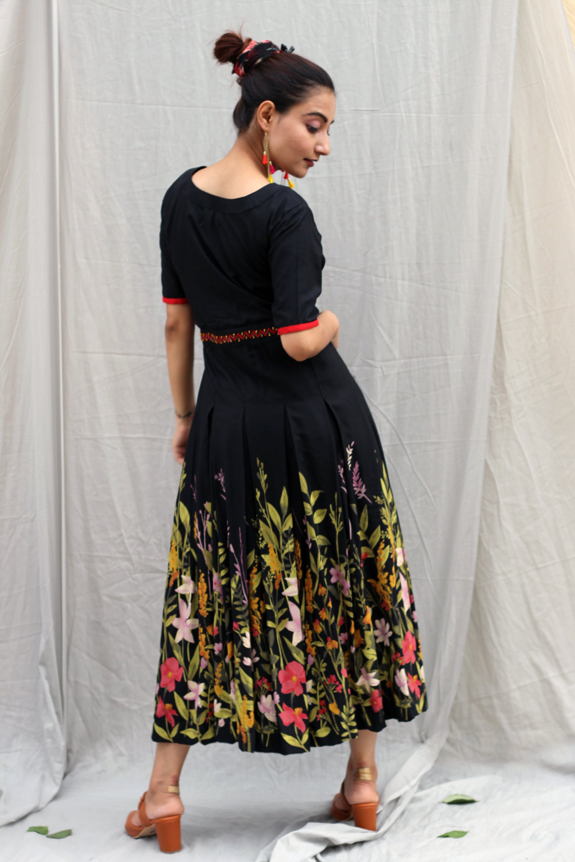 Comfy Black Cotton Printed Hem Hand Embroidered Dress - Poppy Fields