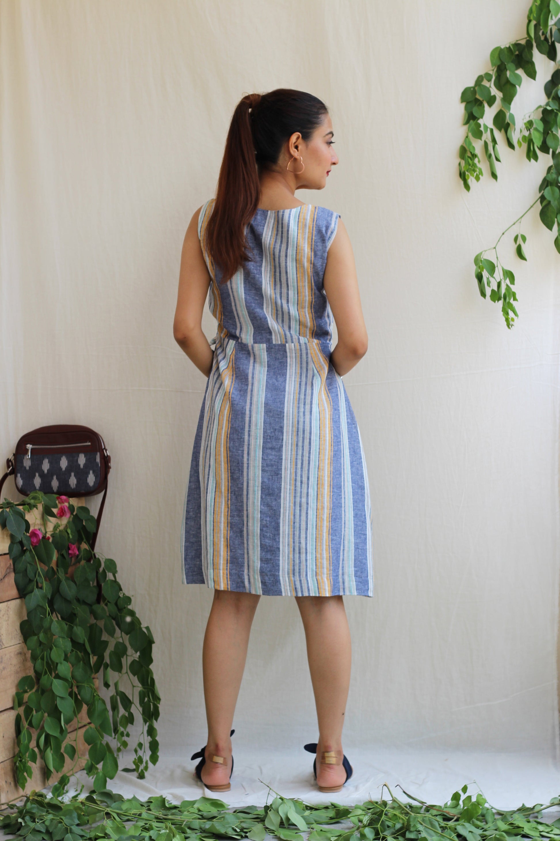 Cool Blue Linen Striped Summer Dress - Moon Child