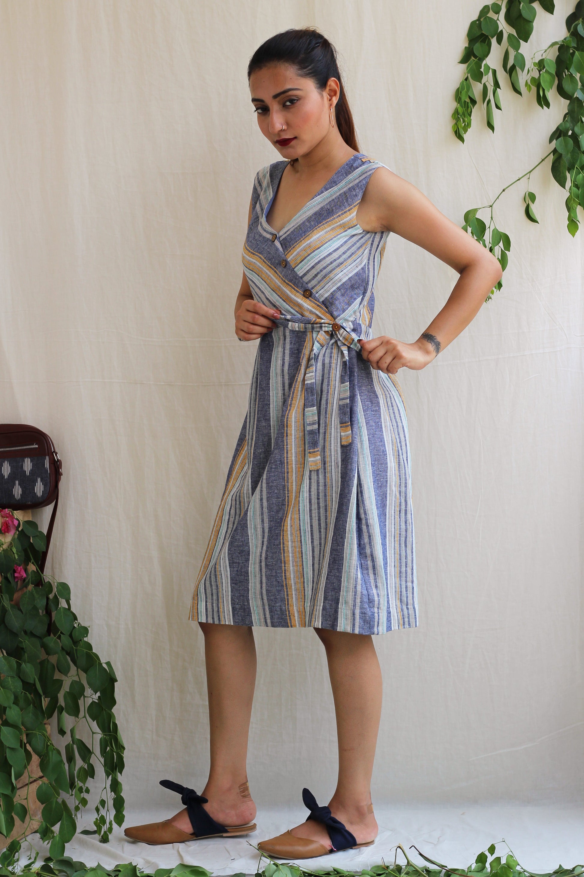 Cool Blue Linen Striped Summer Dress - Moon Child