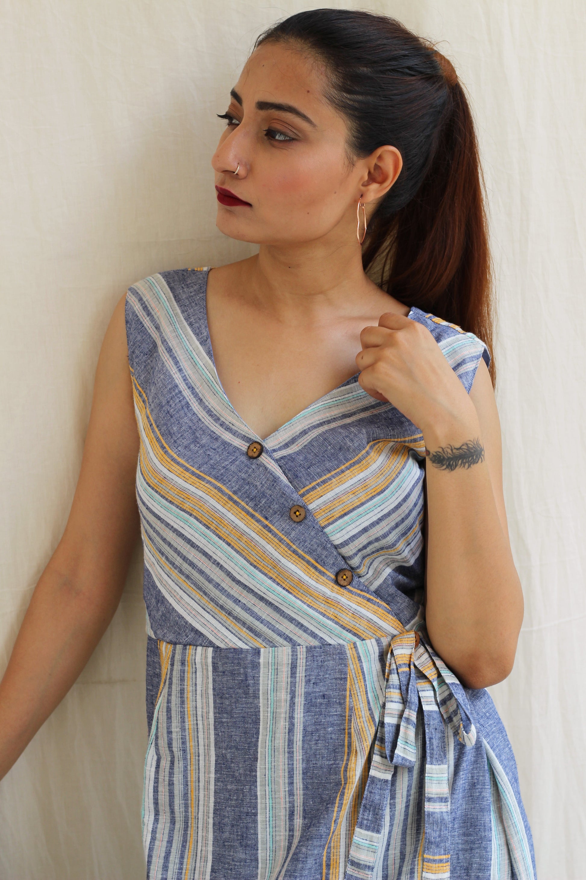 Cool Blue Linen Striped Summer Dress - Moon Child