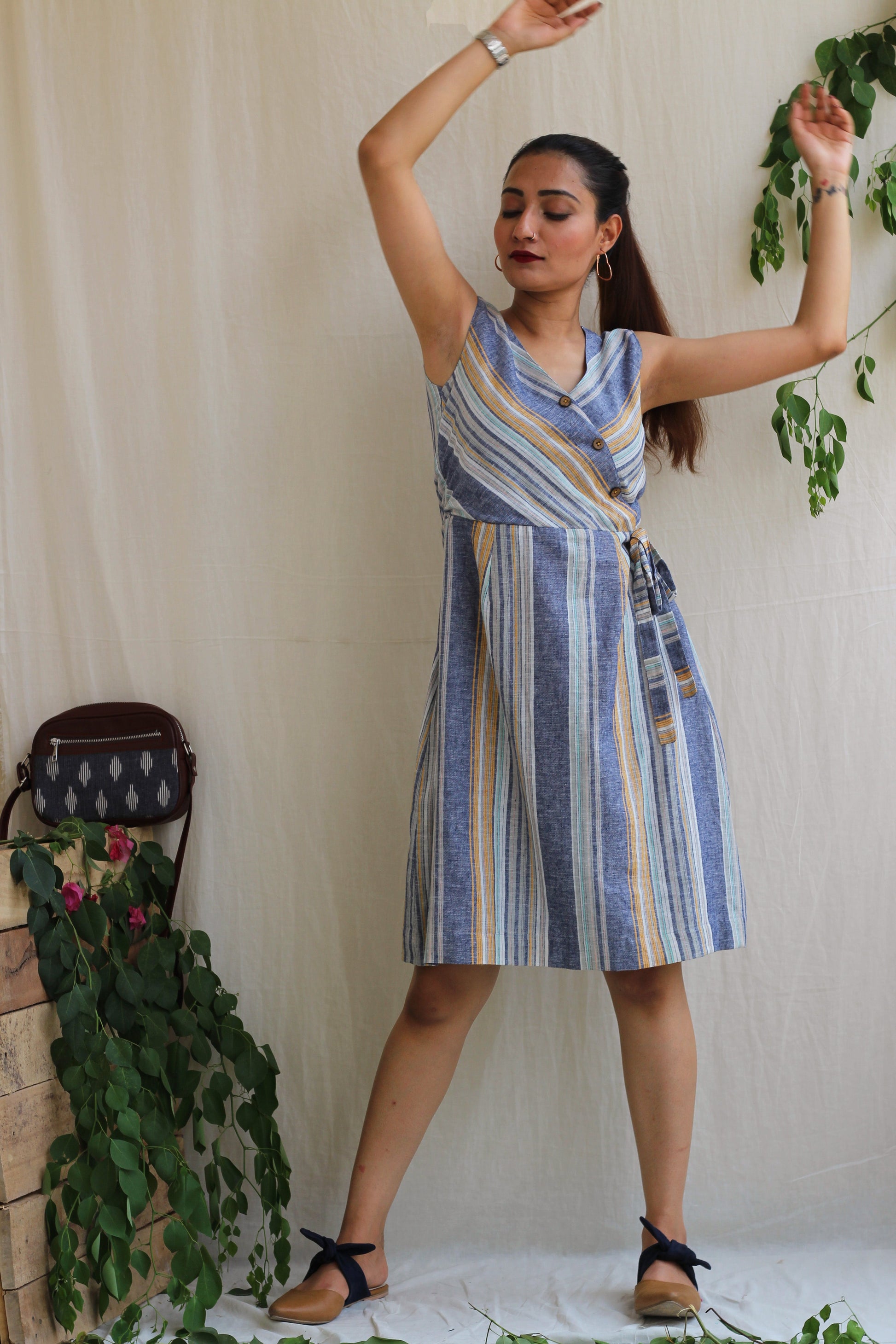 Cool Blue Linen Striped Summer Dress - Moon Child