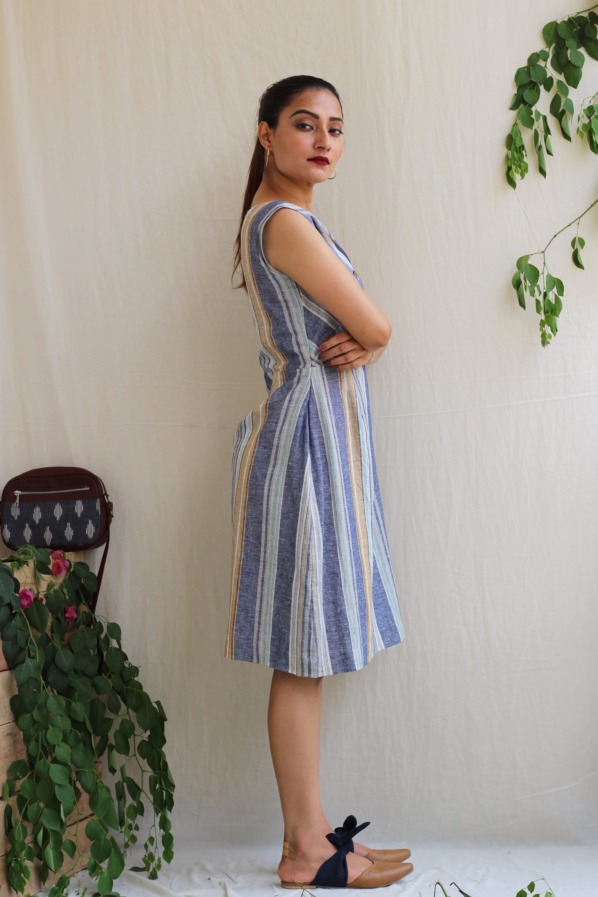 Cool Blue Linen Striped Summer Dress - Moon Child