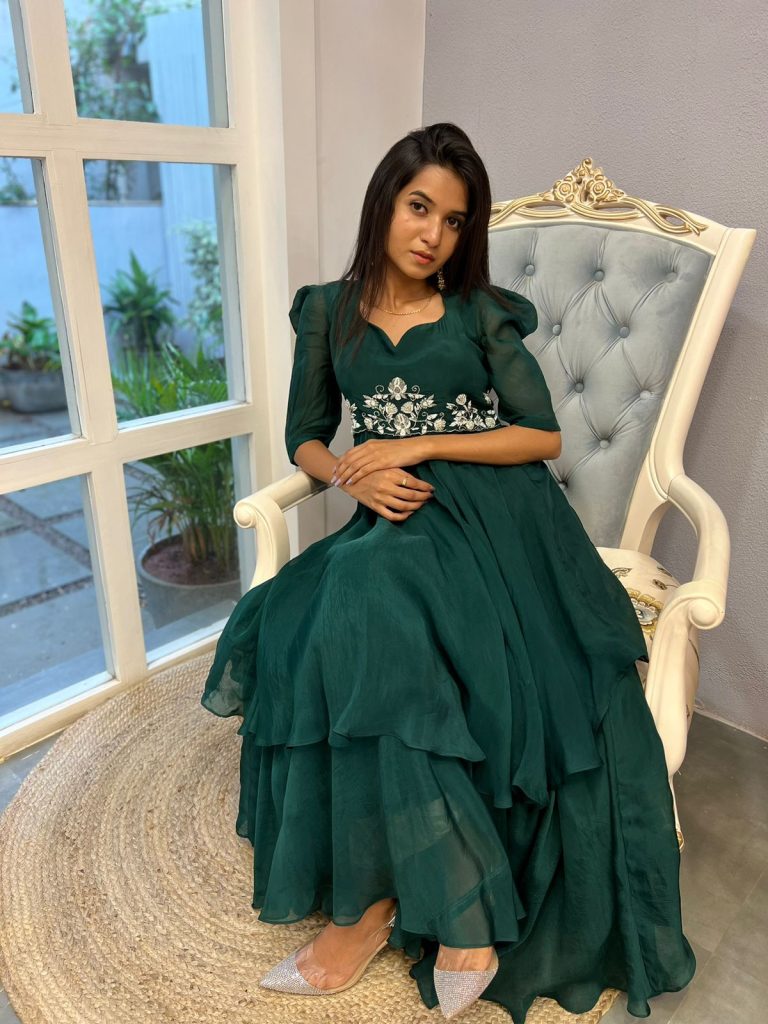 Emerald Green Organza Gown - Evening Party Gown