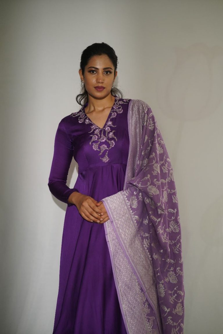 Regal Indigo Blue Violet Uppada Silk Anarkali Embroidery Dupatta