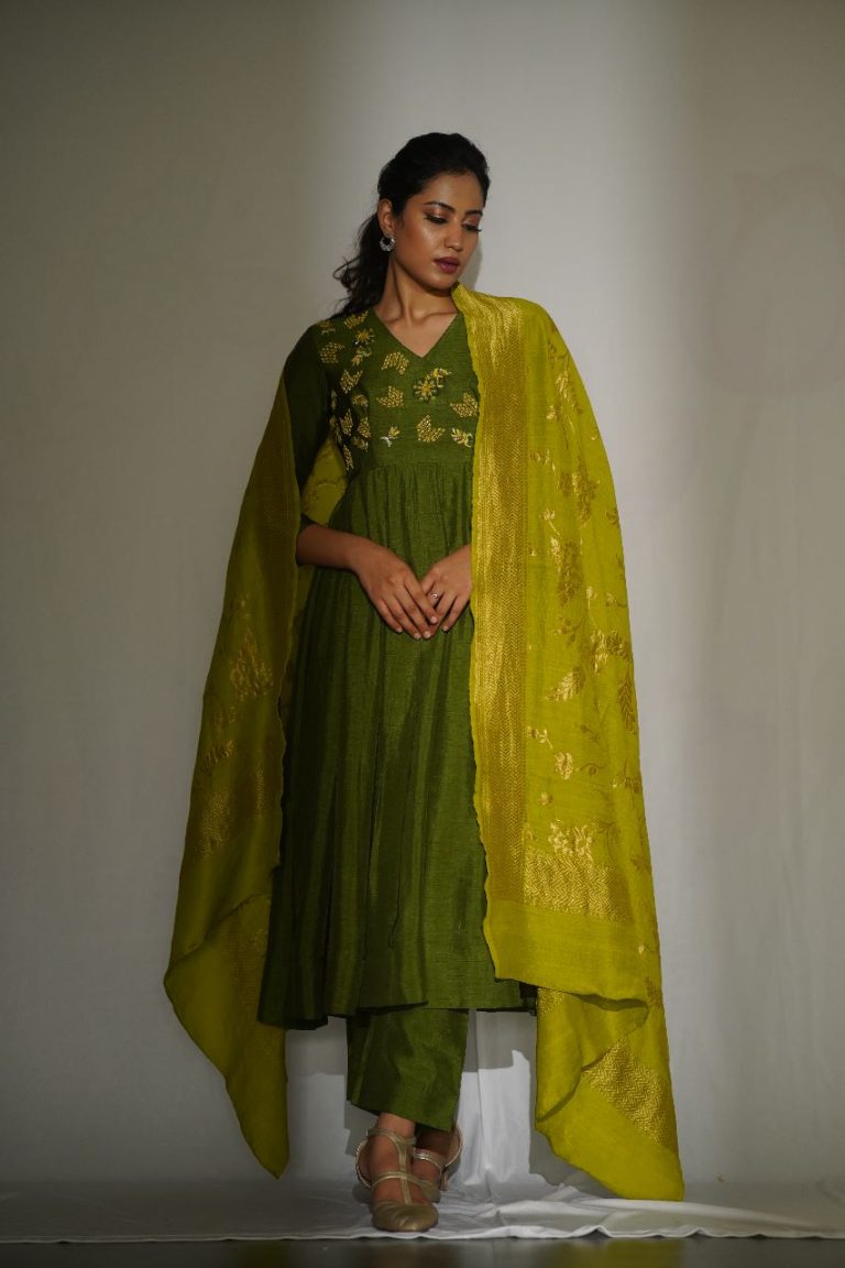Serene Green Raw Silk Anarkali Chartreuse Dupatta Gold Motifs