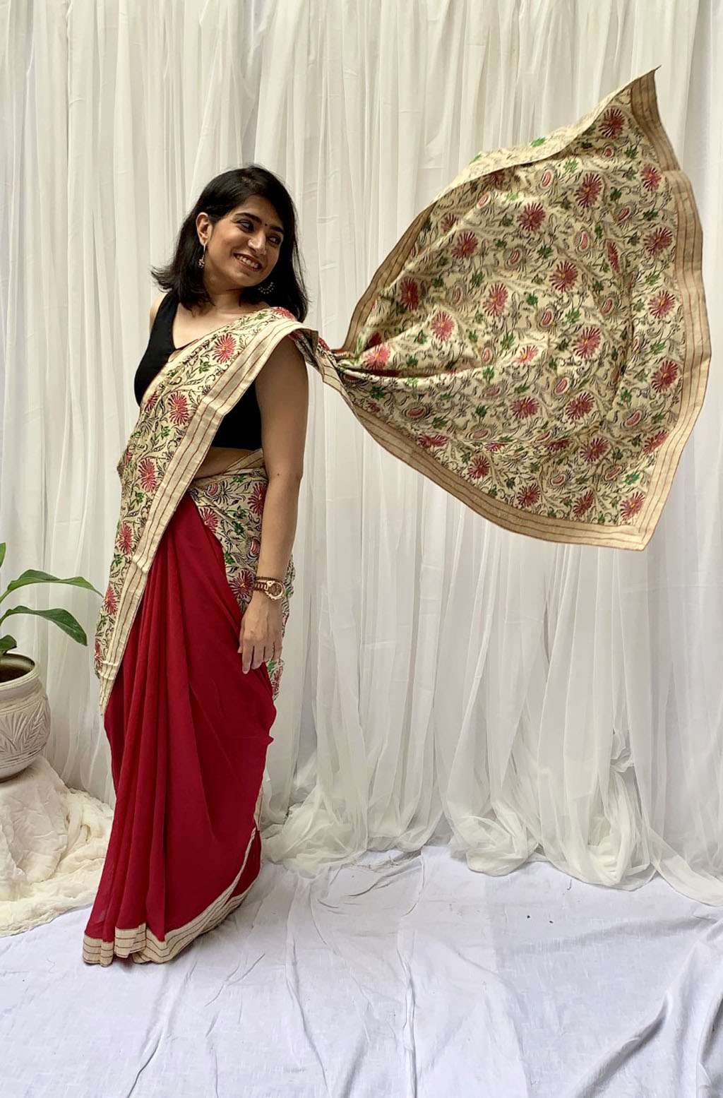 Handcrafted Beige Rani Pink Khadi Cotton Georgette Handblock Saree