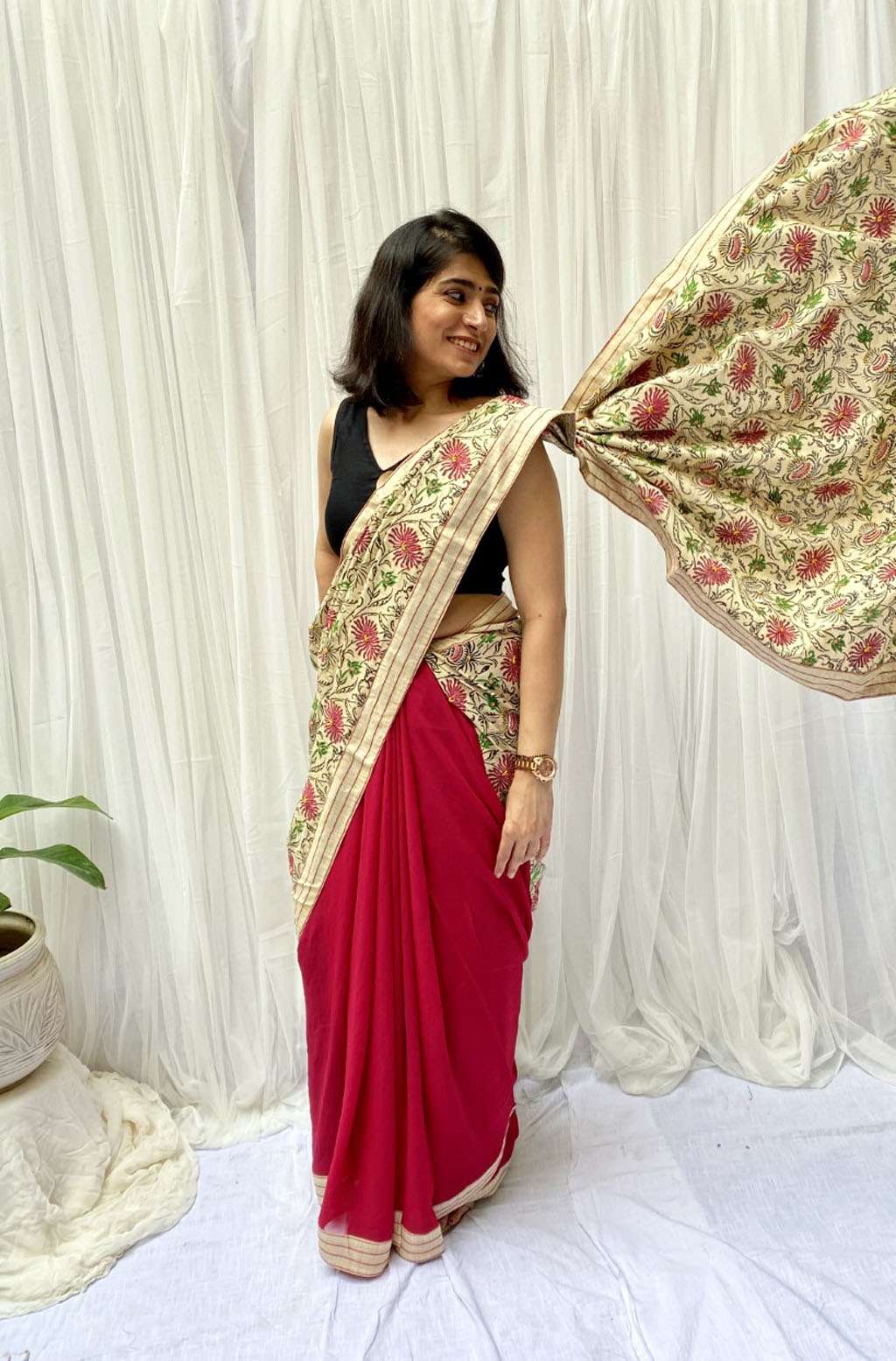 Handcrafted Beige Rani Pink Khadi Cotton Georgette Handblock Saree