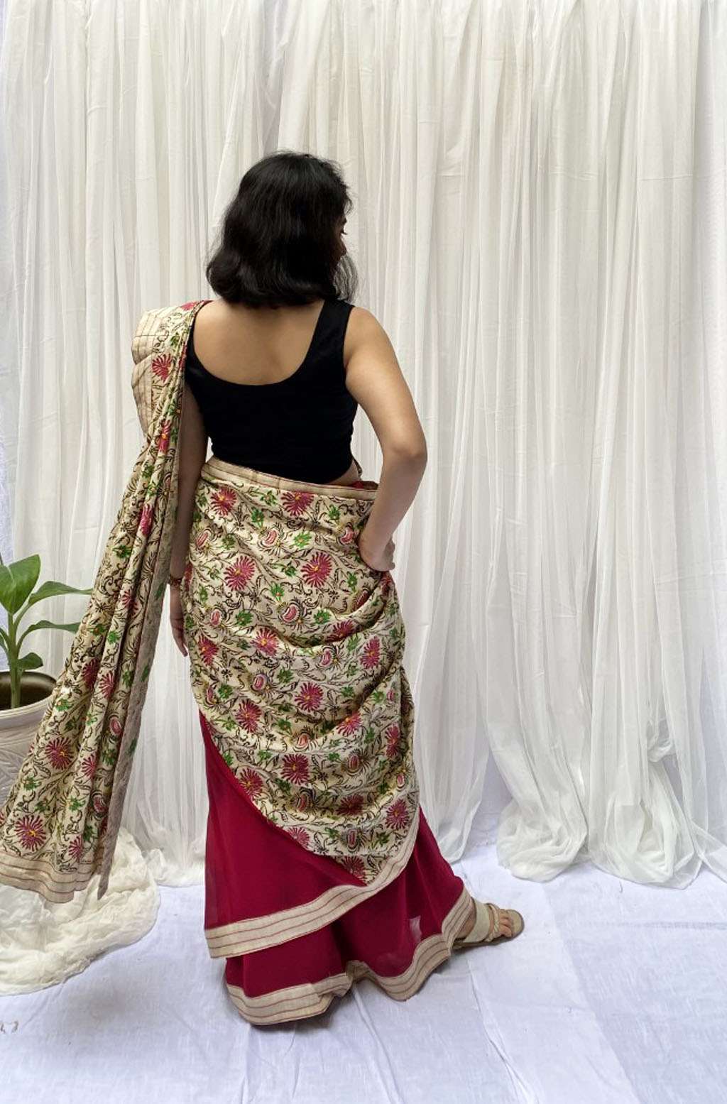 Handcrafted Beige Rani Pink Khadi Cotton Georgette Handblock Saree