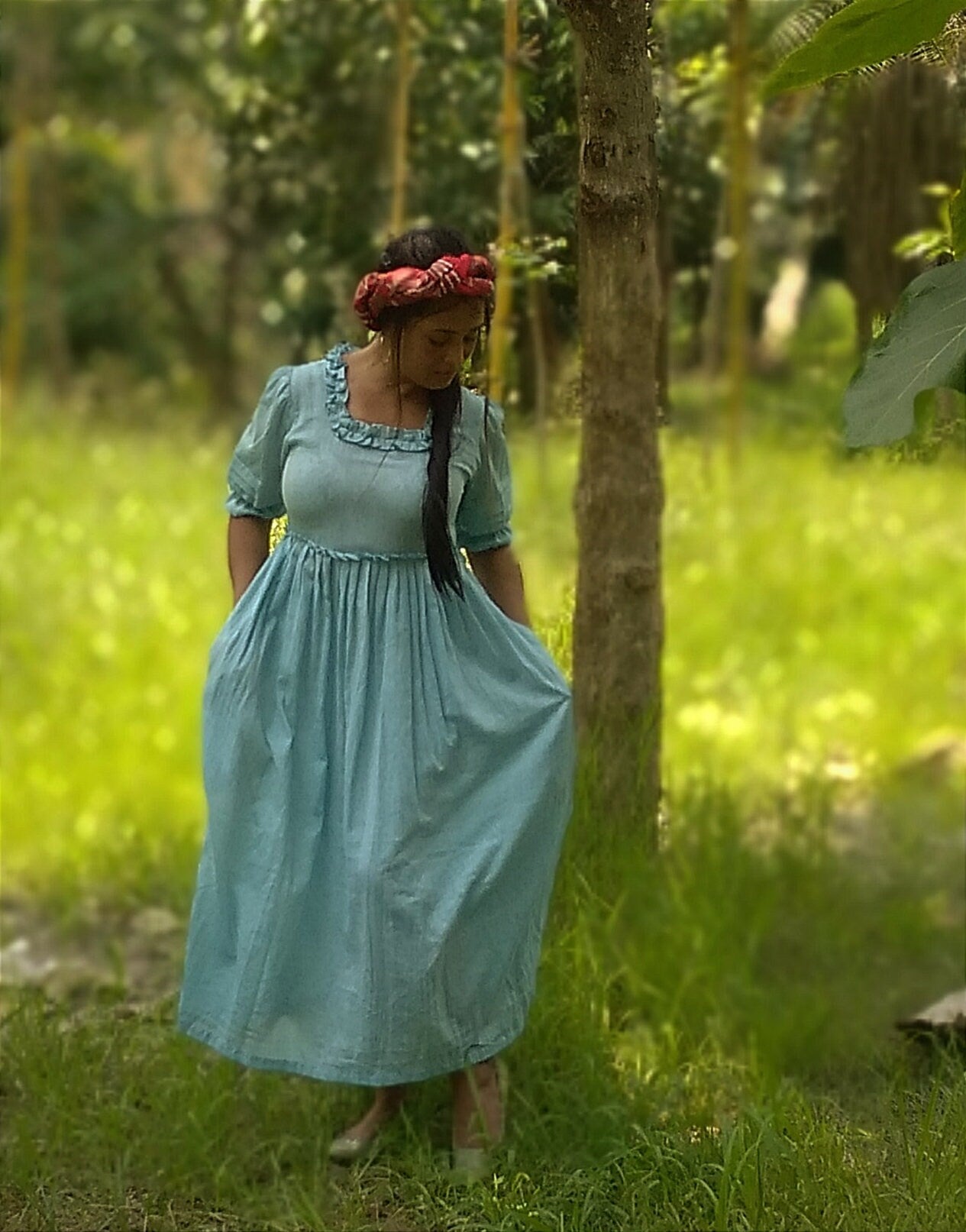 Victorian Masquerade Blue Puff Sleeve Linen Cotton Dress - Party Wear