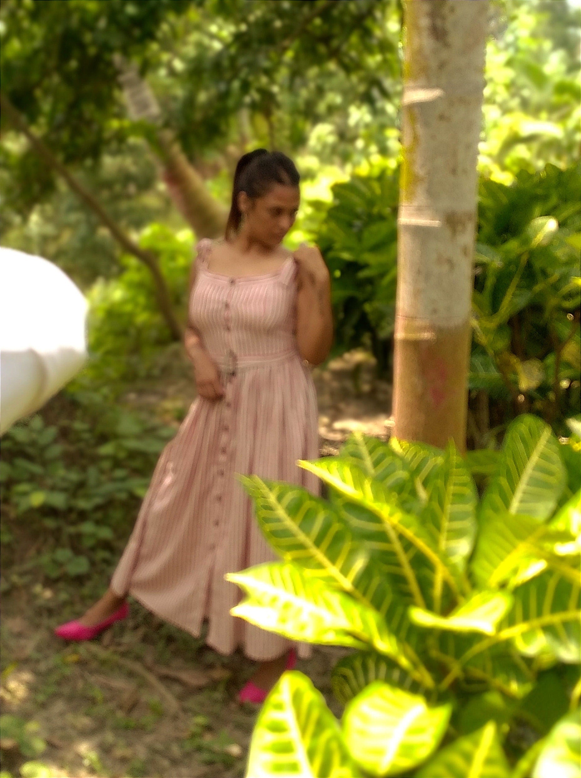 White Pink Cotton Striped Sleeveless Dress with Belted Waist