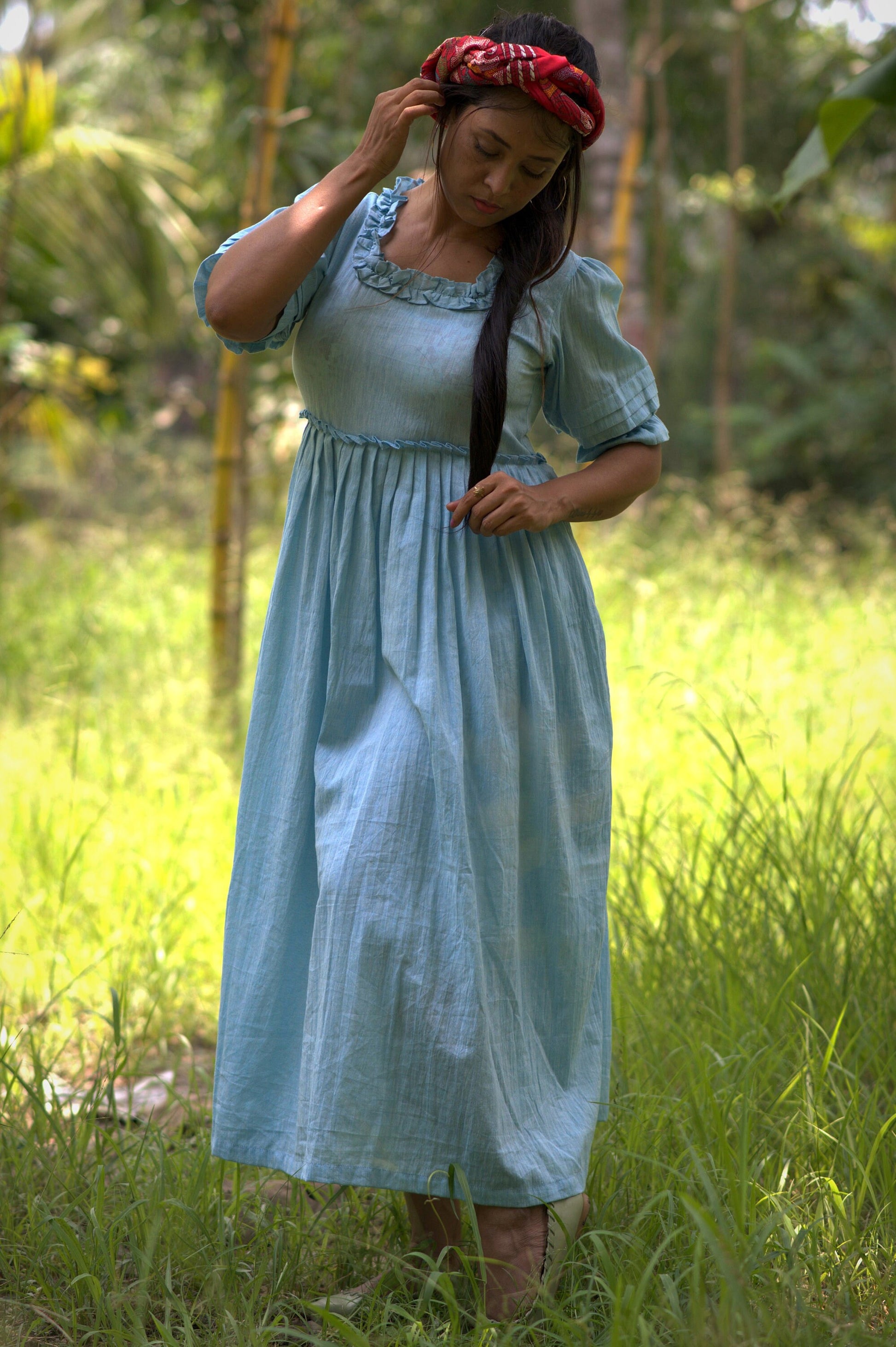 Victorian Masquerade Blue Puff Sleeve Linen Cotton Dress - Party Wear