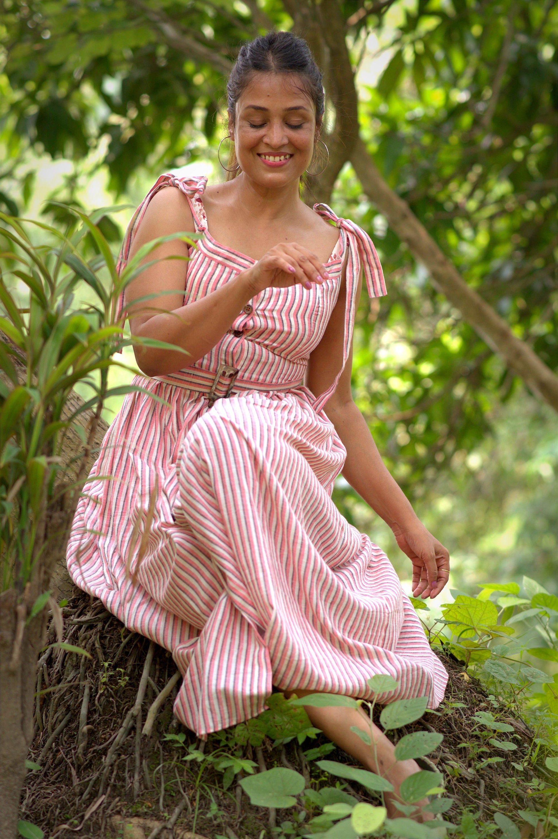 White Pink Cotton Striped Sleeveless Dress with Belted Waist